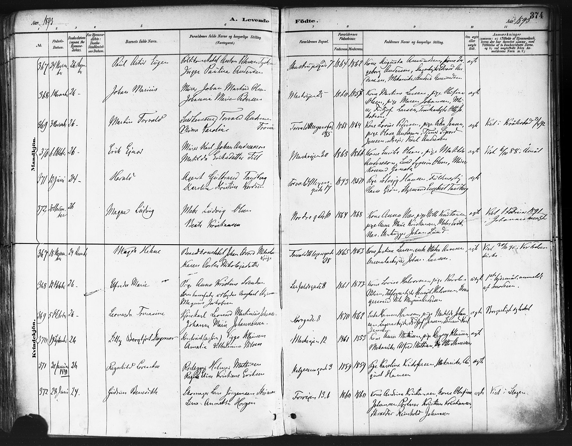 Paulus prestekontor Kirkebøker, AV/SAO-A-10871/F/Fa/L0013: Ministerialbok nr. 13, 1887-1894, s. 374