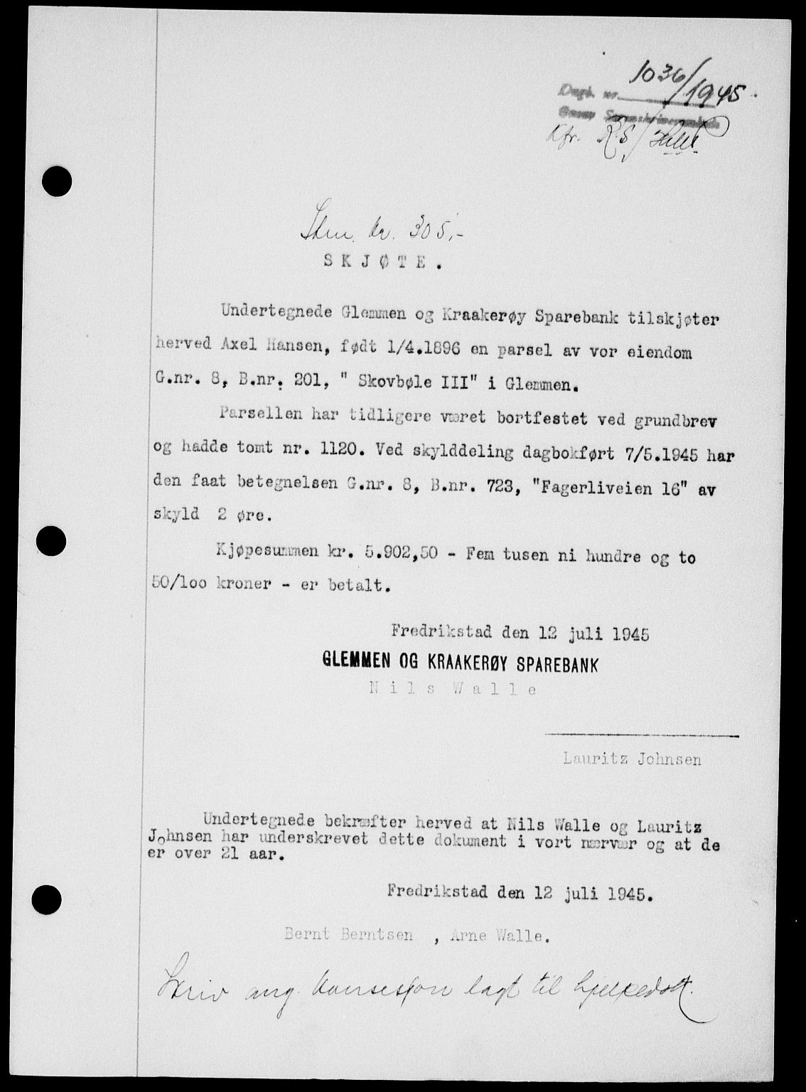 Onsøy sorenskriveri, SAO/A-10474/G/Ga/Gab/L0014: Pantebok nr. II A-14, 1944-1945, Dagboknr: 1036/1945