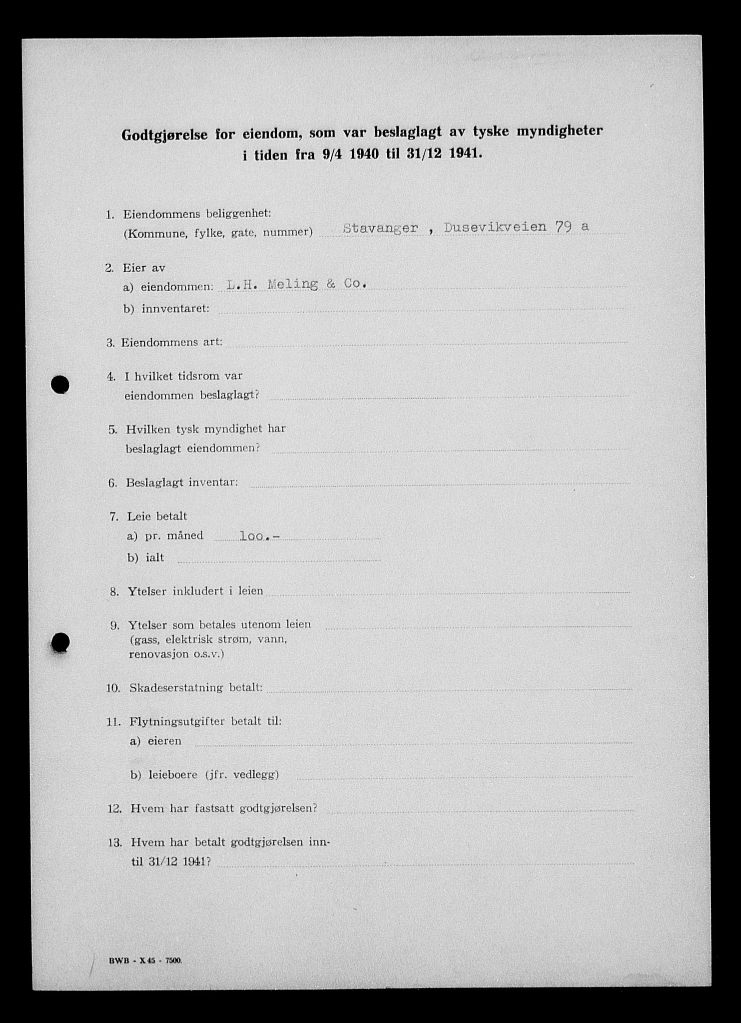 Justisdepartementet, Tilbakeføringskontoret for inndratte formuer, AV/RA-S-1564/I/L1014: Godtgjørelse for beslaglagt eiendom, 1940-1941, s. 86