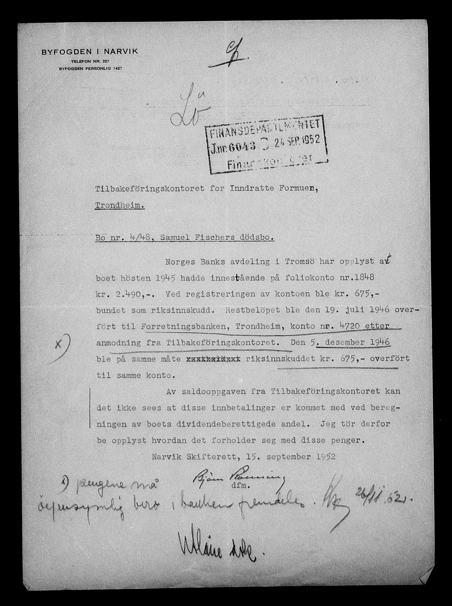 Justisdepartementet, Tilbakeføringskontoret for inndratte formuer, AV/RA-S-1564/H/Hc/Hcb/L0913: --, 1945-1947, s. 7
