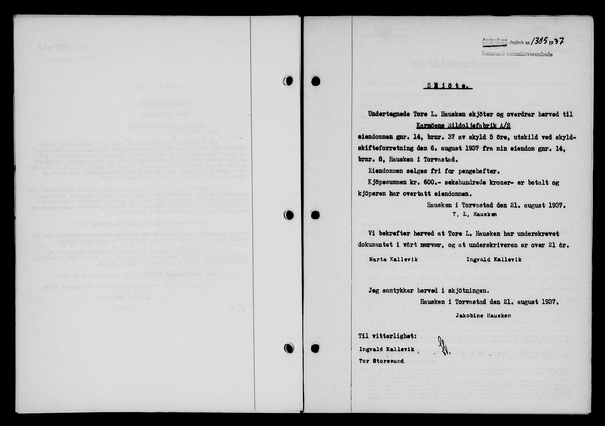 Karmsund sorenskriveri, SAST/A-100311/01/II/IIB/L0068: Pantebok nr. 49A, 1937-1937, Dagboknr: 1385/1937