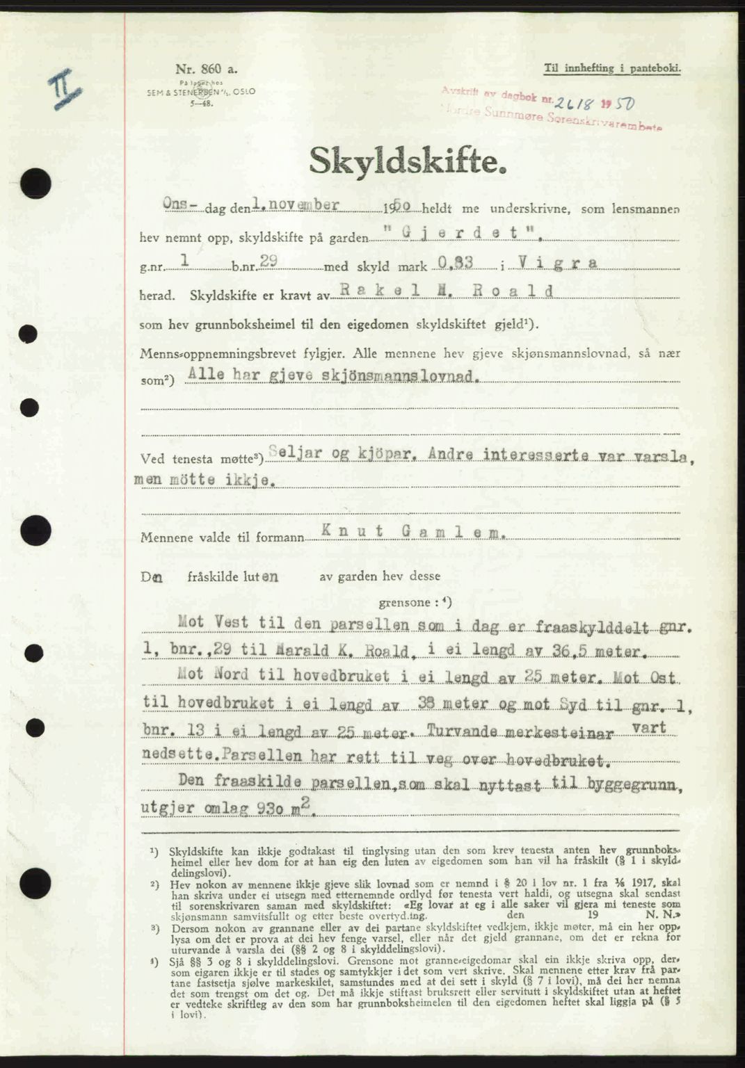Nordre Sunnmøre sorenskriveri, AV/SAT-A-0006/1/2/2C/2Ca: Pantebok nr. A36, 1950-1950, Dagboknr: 2618/1950