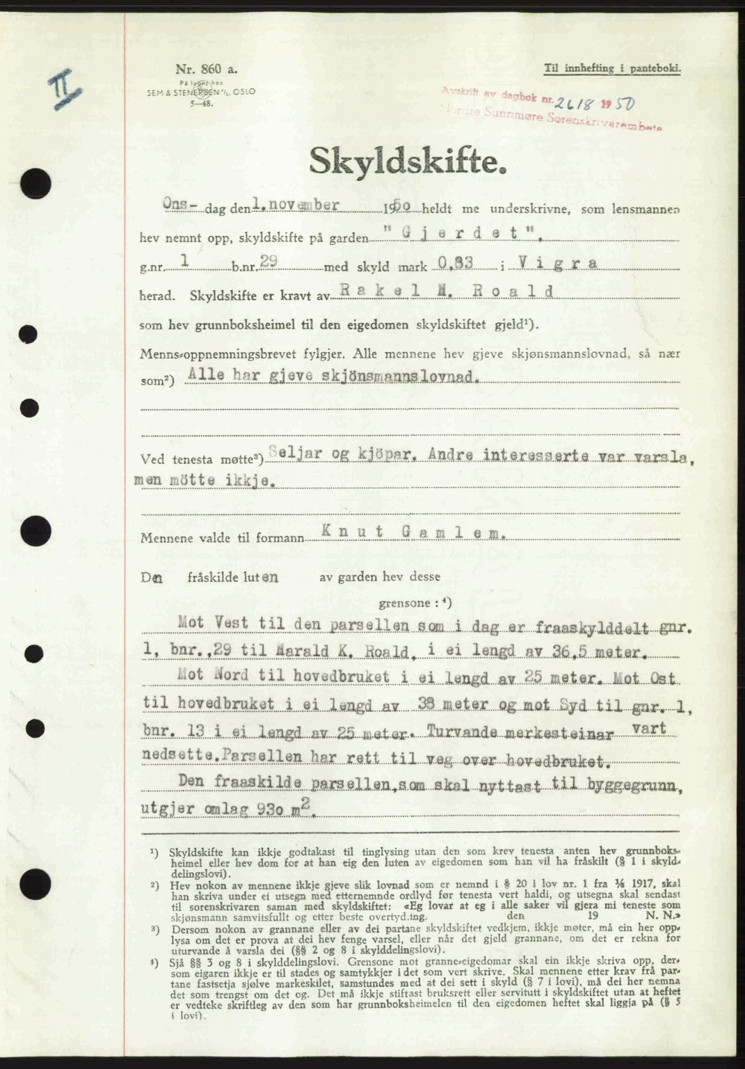 Nordre Sunnmøre sorenskriveri, SAT/A-0006/1/2/2C/2Ca: Pantebok nr. A36, 1950-1950, Dagboknr: 2618/1950