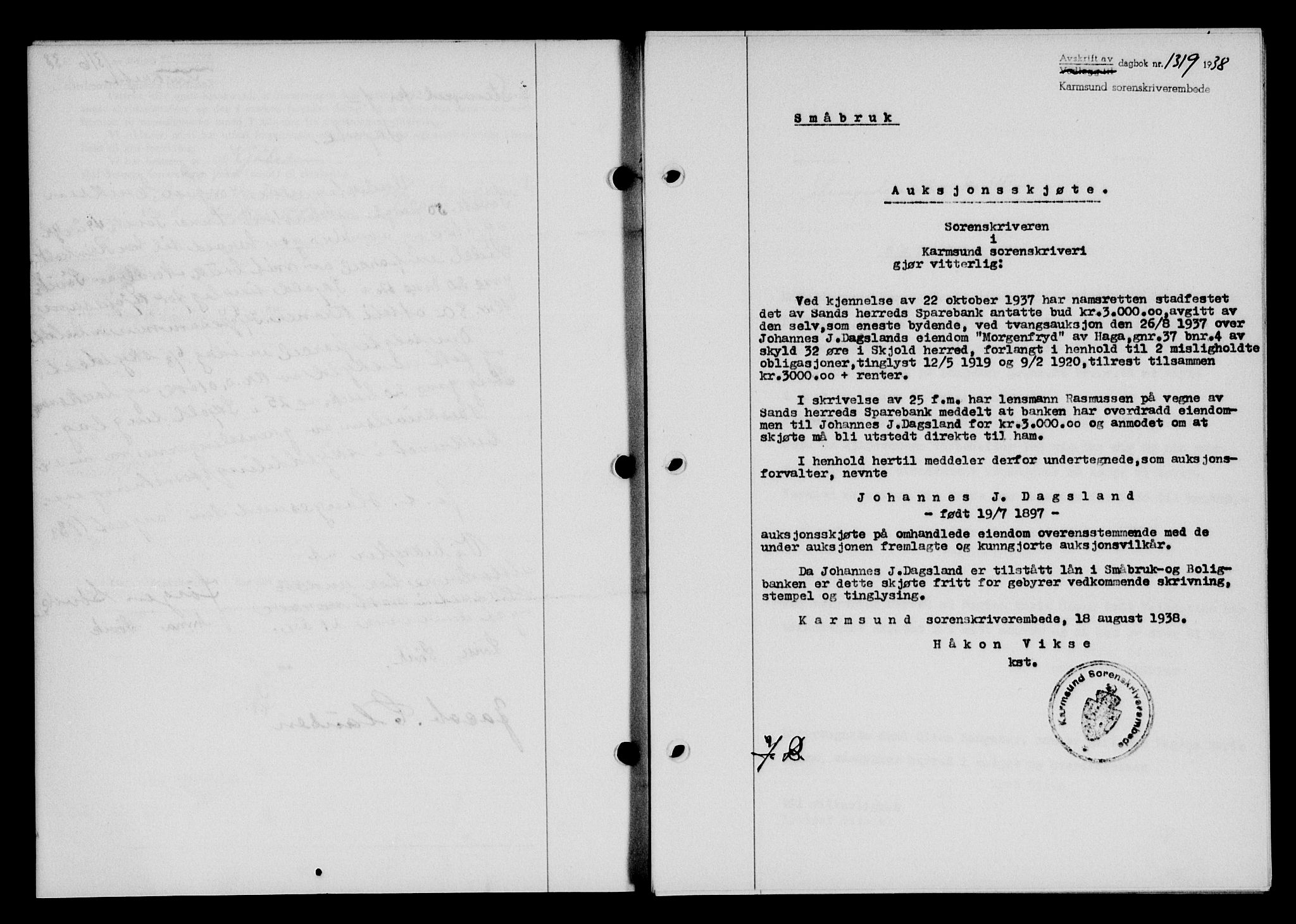 Karmsund sorenskriveri, SAST/A-100311/01/II/IIB/L0070: Pantebok nr. 51A, 1938-1939, Dagboknr: 1319/1938