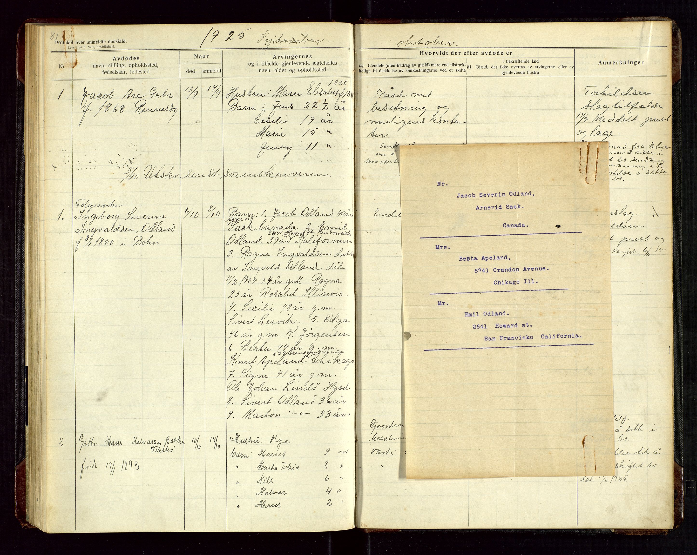 Tysvær lensmannskontor, AV/SAST-A-100192/Gga/L0003: "Protokol over anmeldte dødsfald i Tysvær" med register, 1916-1926, s. 81