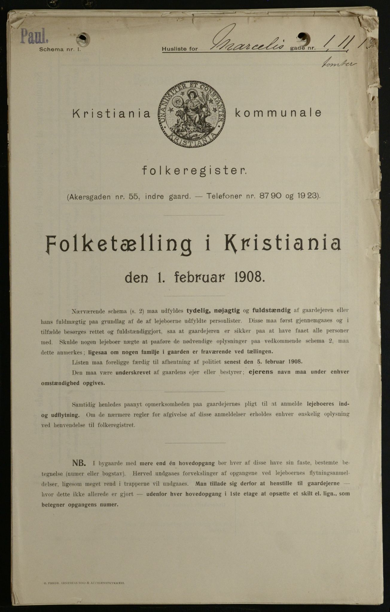 OBA, Kommunal folketelling 1.2.1908 for Kristiania kjøpstad, 1908, s. 57785