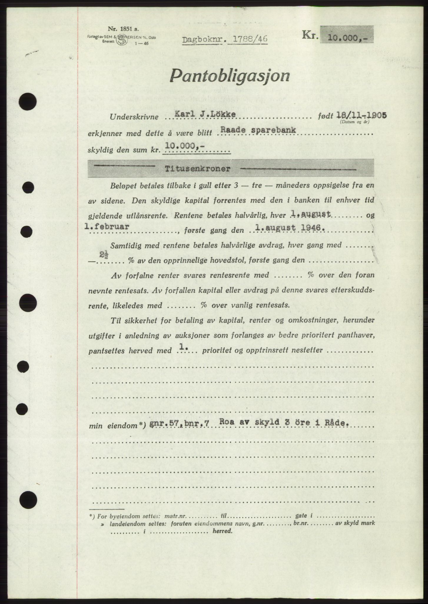 Moss sorenskriveri, SAO/A-10168: Pantebok nr. B15, 1946-1946, Dagboknr: 1788/1946