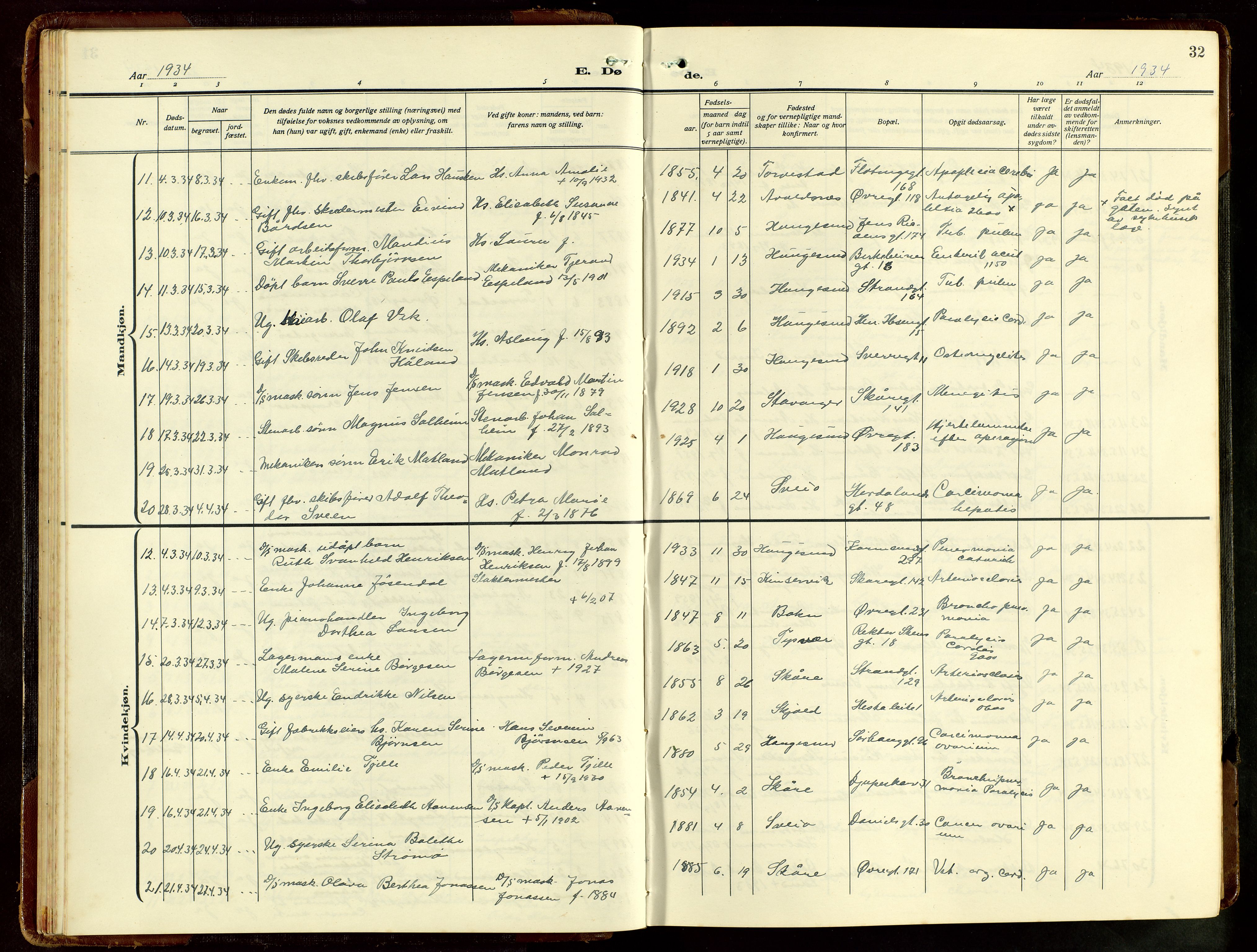 Haugesund sokneprestkontor, SAST/A -101863/H/Ha/Hab/L0012: Klokkerbok nr. B 12, 1930-1958, s. 32