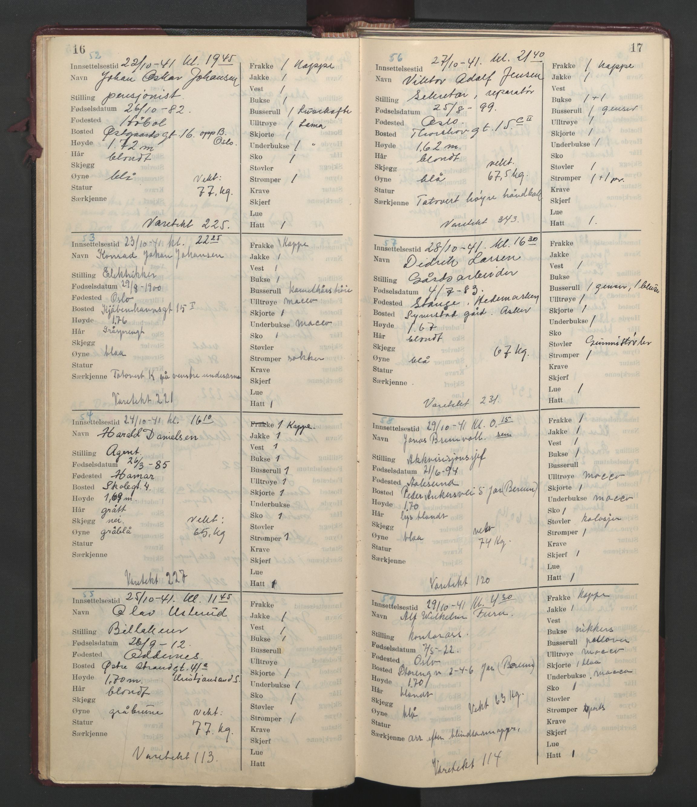 Statspolitiet - Hovedkontoret / Osloavdelingen, AV/RA-S-1329/C/Cl/L0014: Mottakelsesprotokoll, 1941-1944, s. 16-17