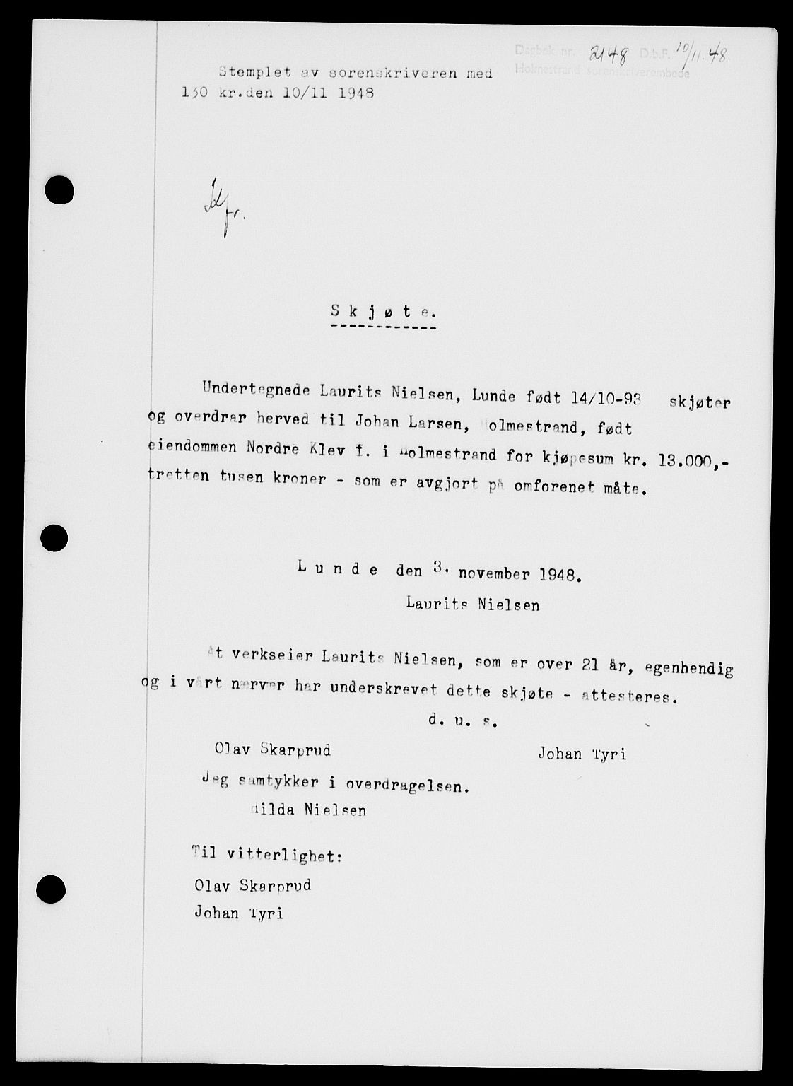 Holmestrand sorenskriveri, SAKO/A-67/G/Ga/Gaa/L0065: Pantebok nr. A-65, 1948-1949, Dagboknr: 2148/1948