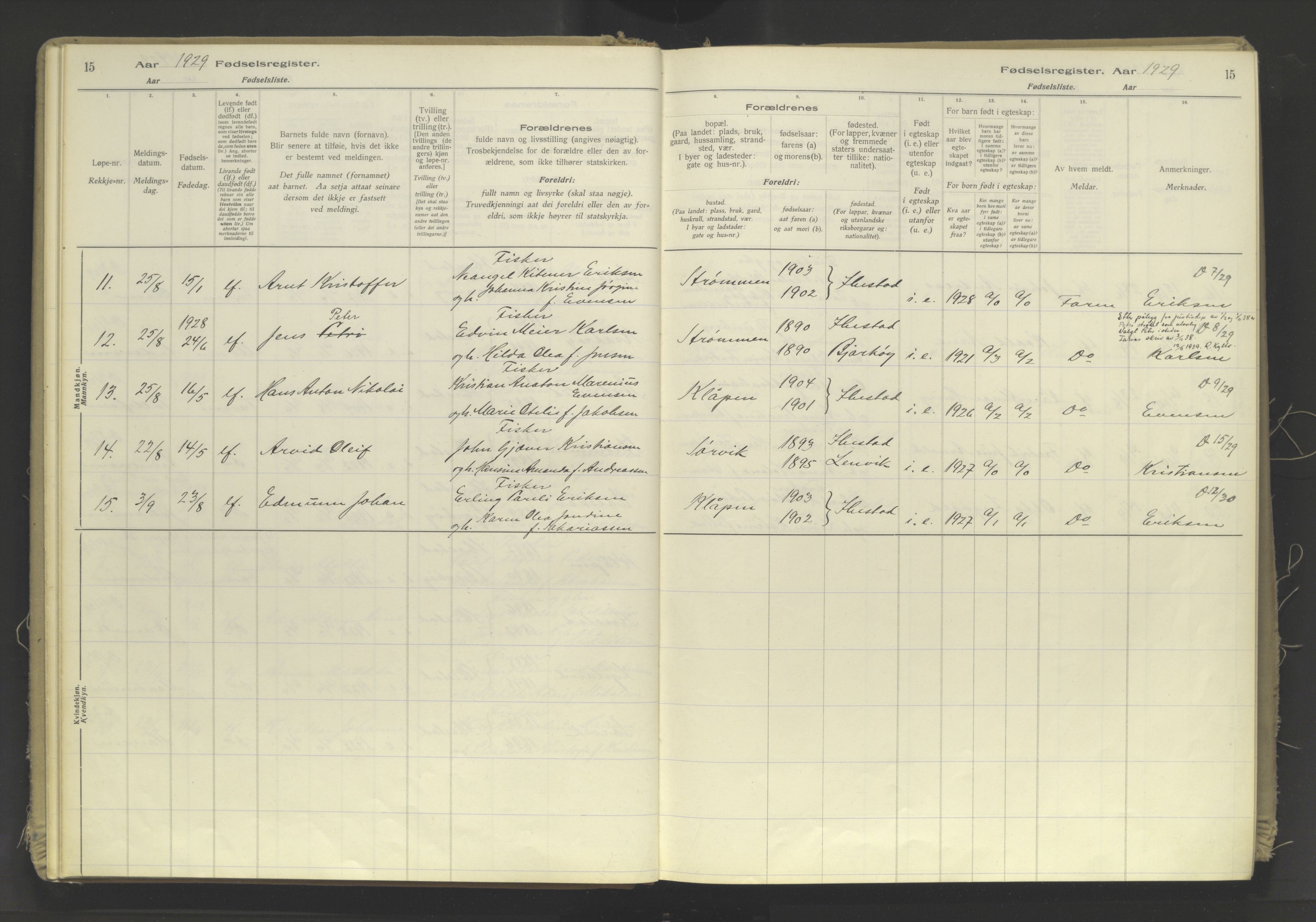 Ibestad sokneprestembete, AV/SATØ-S-0077/I/Ic/L0063: Fødselsregister nr. 63, 1926-1982, s. 15