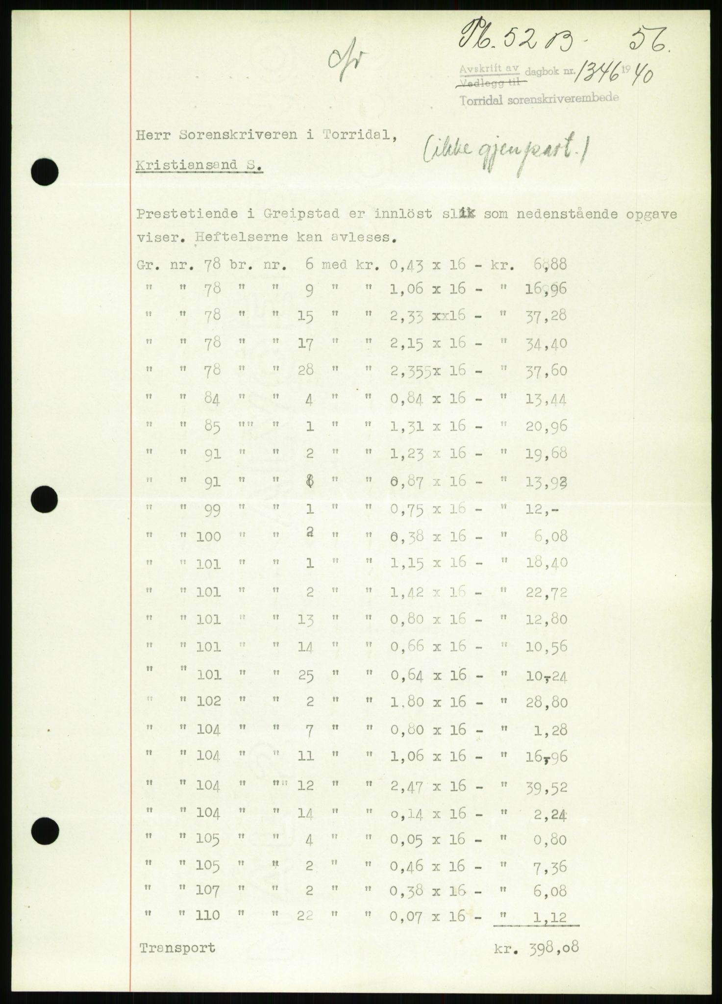 Torridal sorenskriveri, SAK/1221-0012/G/Gb/Gbb/L0008: Pantebok nr. 52b, 1940-1942, Dagboknr: 1346/1940