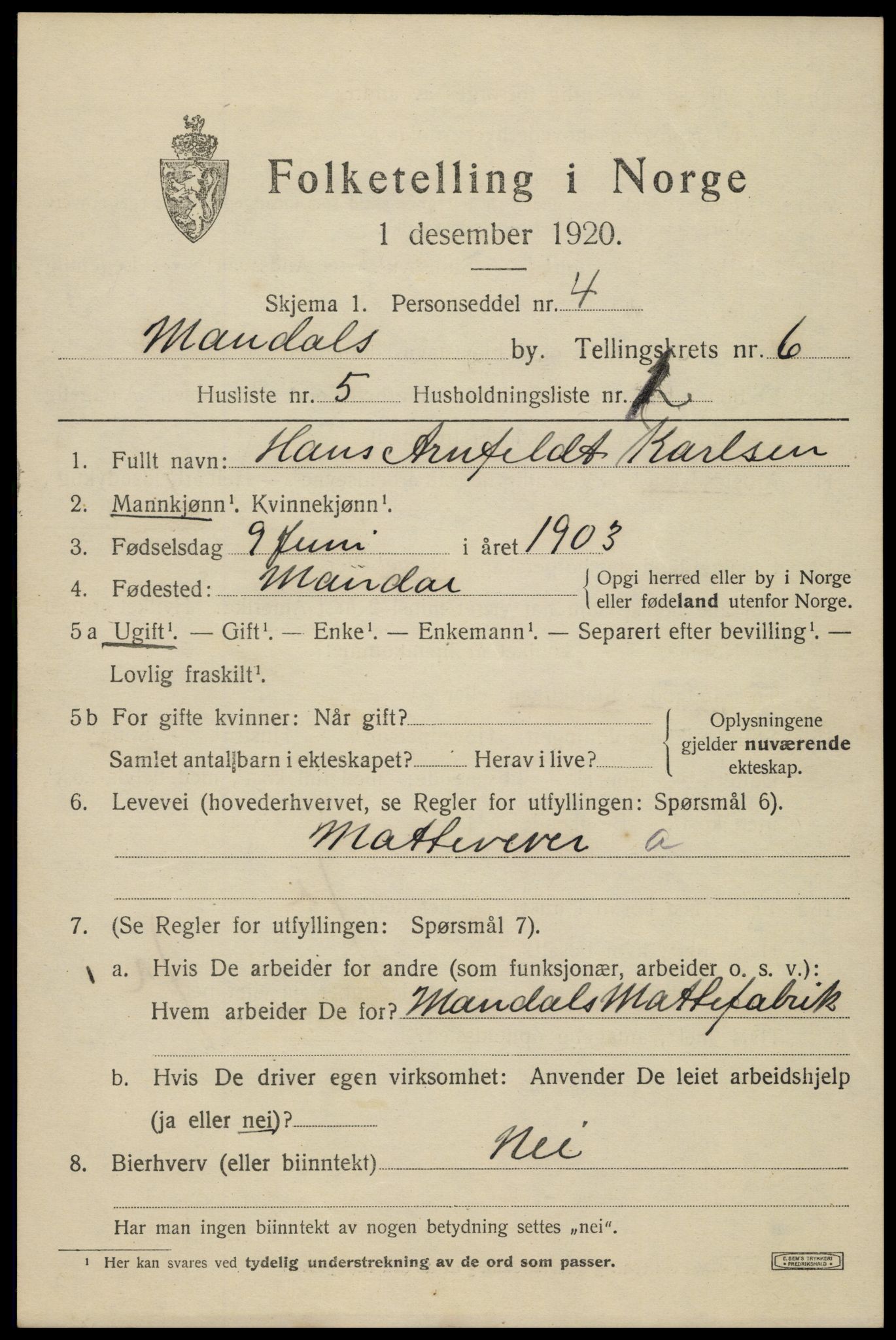 SAK, Folketelling 1920 for 1002 Mandal ladested, 1920, s. 9159