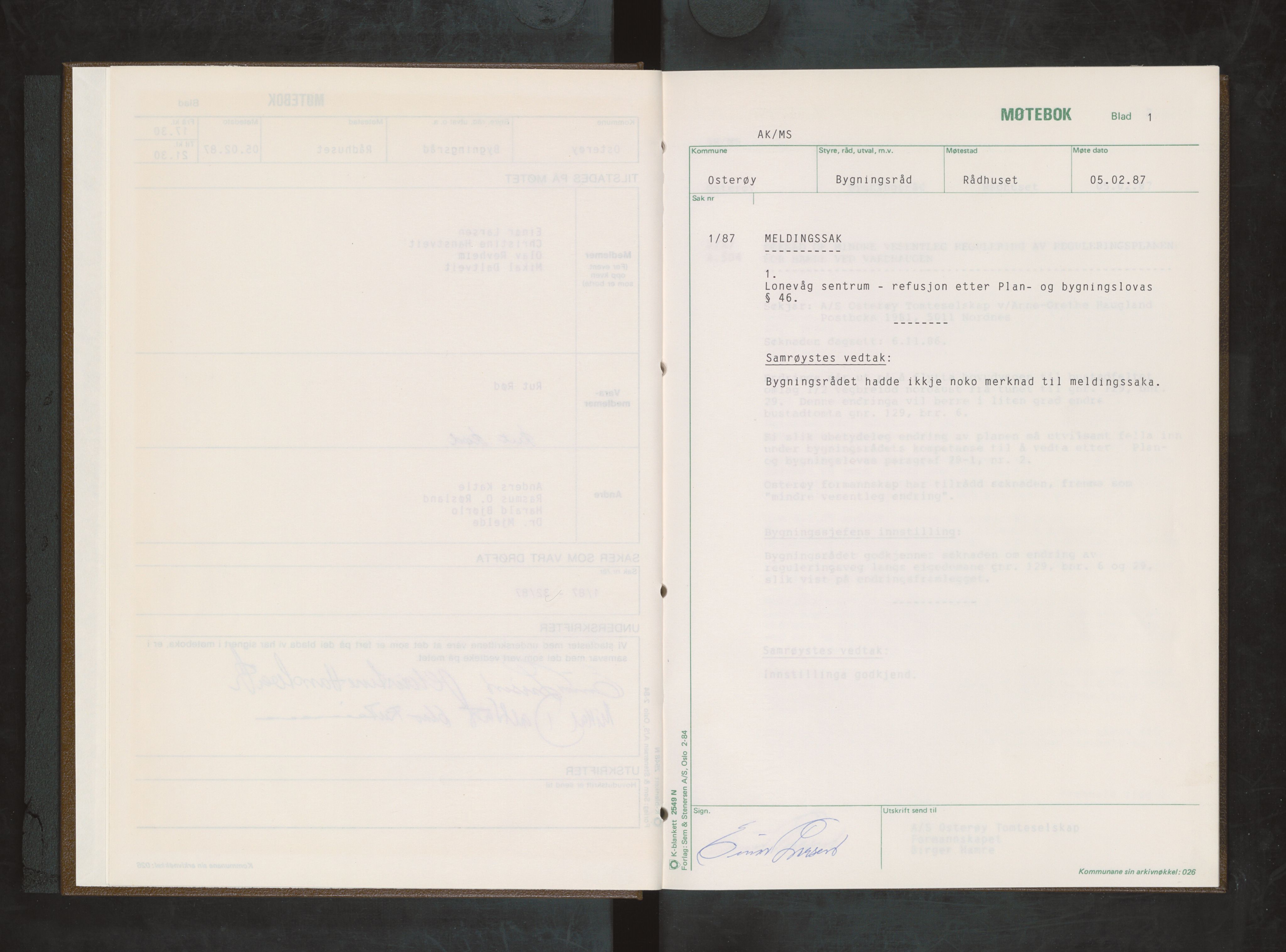 Osterøy kommune. Bygningsrådet, IKAH/1253b-511/A/Aa/L0020: Møtebok Osterøy bygningsråd, 1987