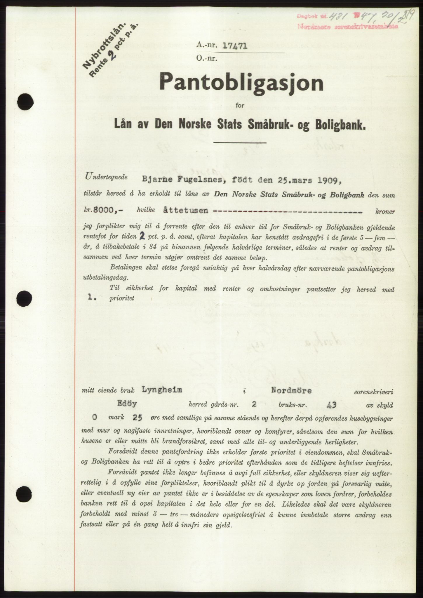 Nordmøre sorenskriveri, SAT/A-4132/1/2/2Ca: Pantebok nr. B95, 1946-1947, Dagboknr: 431/1947