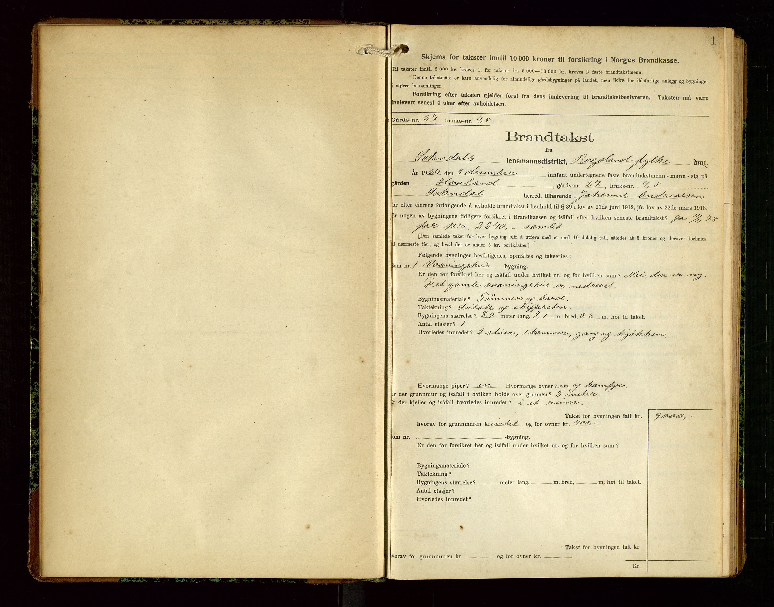 Sokndal lensmannskontor, AV/SAST-A-100417/Gob/L0006: "Brandtakst-Protokol", 1924-1930, s. 1