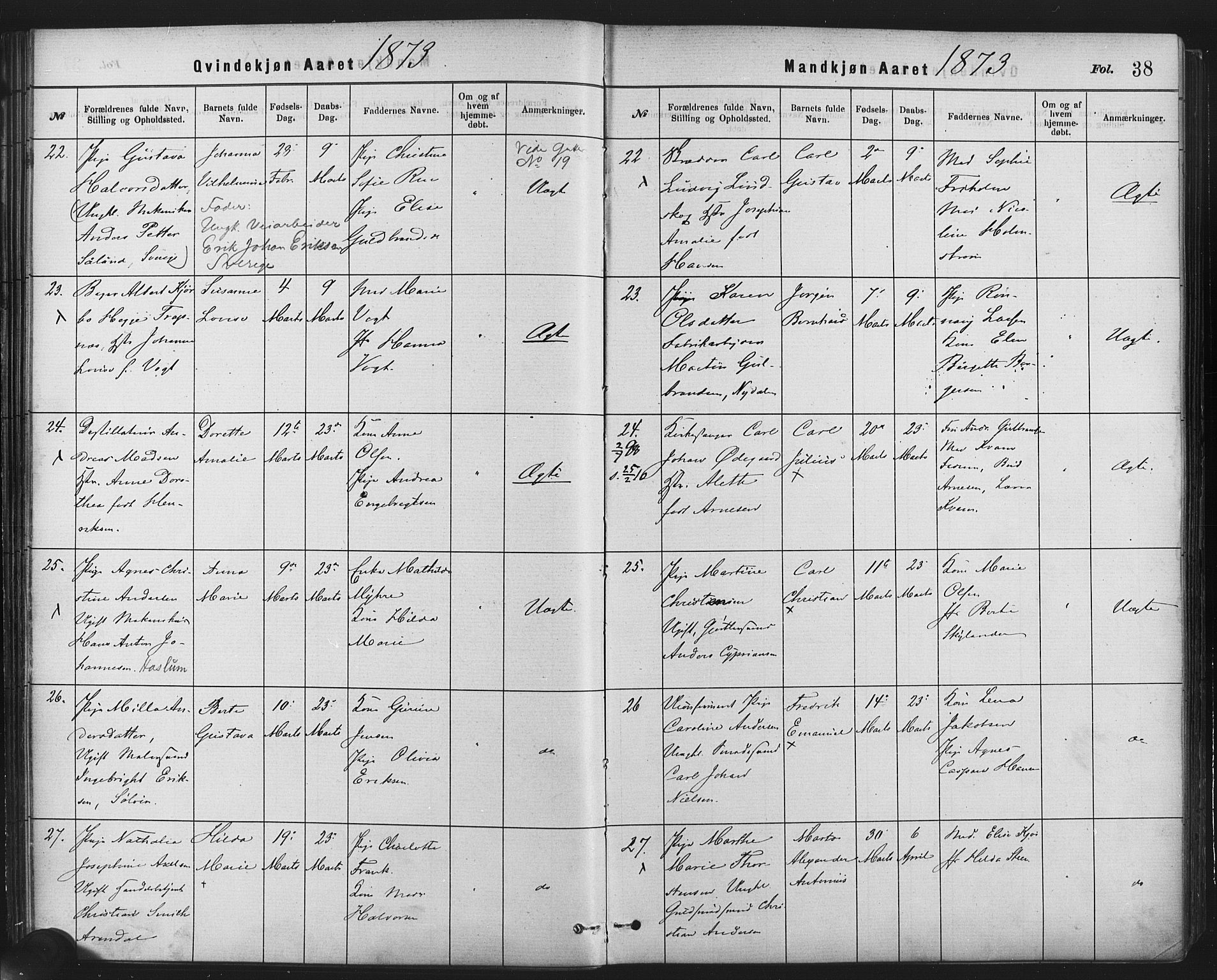 Rikshospitalet prestekontor Kirkebøker, AV/SAO-A-10309b/F/L0006: Ministerialbok nr. 6, 1871-1885, s. 38