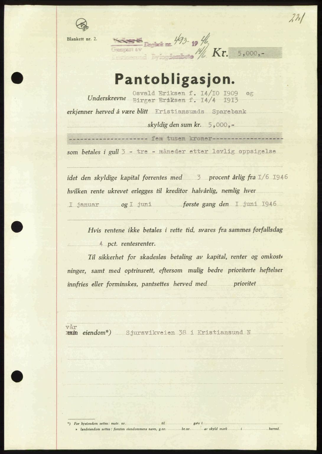 Kristiansund byfogd, SAT/A-4587/A/27: Pantebok nr. 40, 1946-1946, Dagboknr: 493/1946