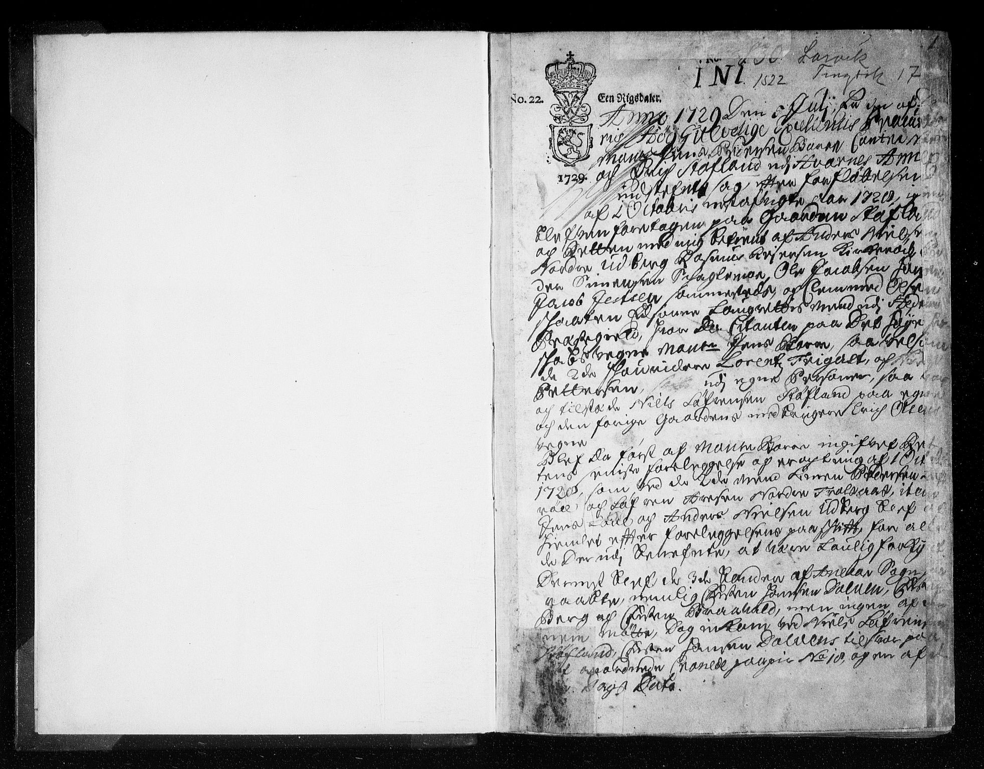 Larvik sorenskriveri, SAKO/A-83/F/Fa/L0017: Tingbok, 1729-1731, s. 1a