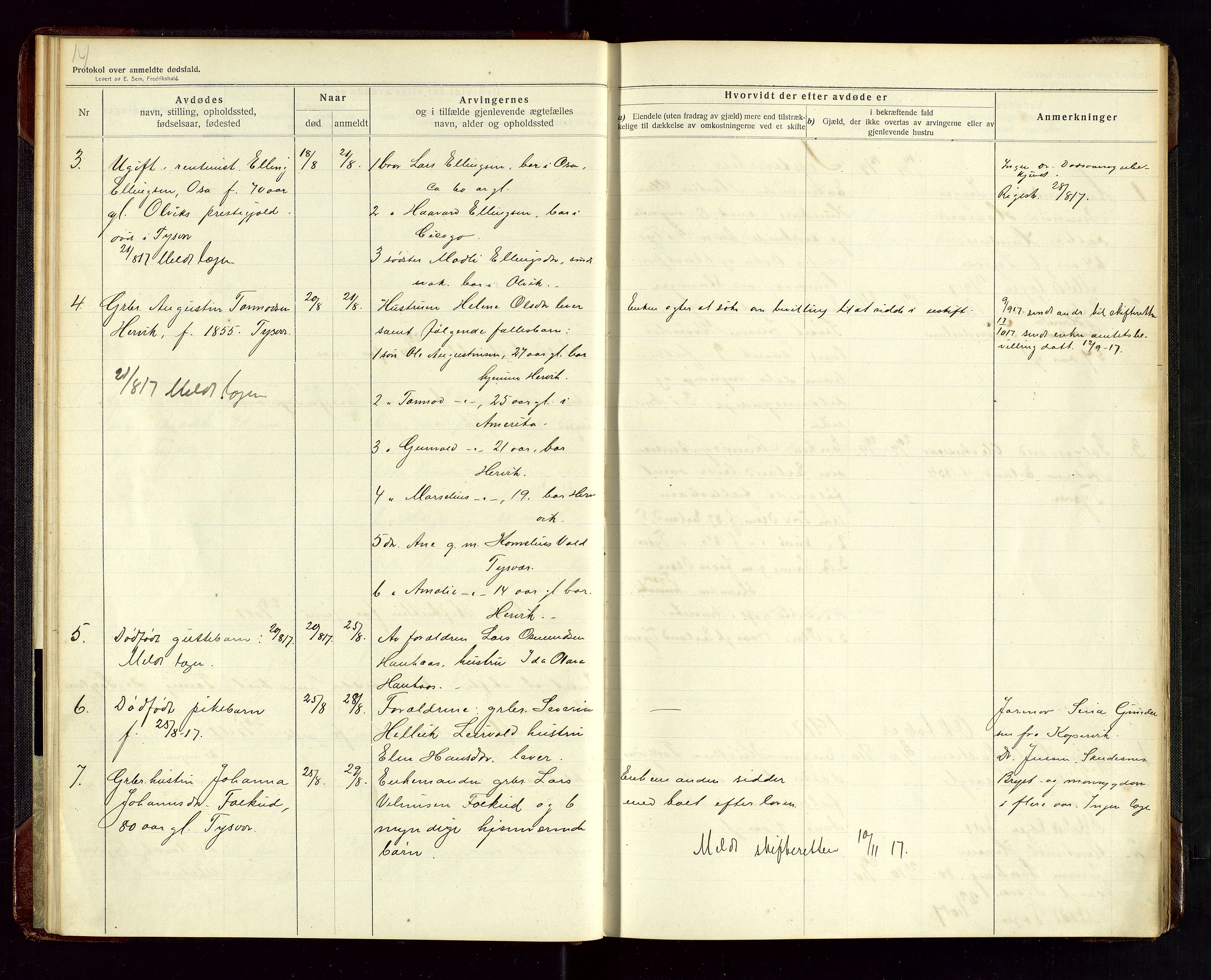 Tysvær lensmannskontor, AV/SAST-A-100192/Gga/L0003: "Protokol over anmeldte dødsfald i Tysvær" med register, 1916-1926, s. 14