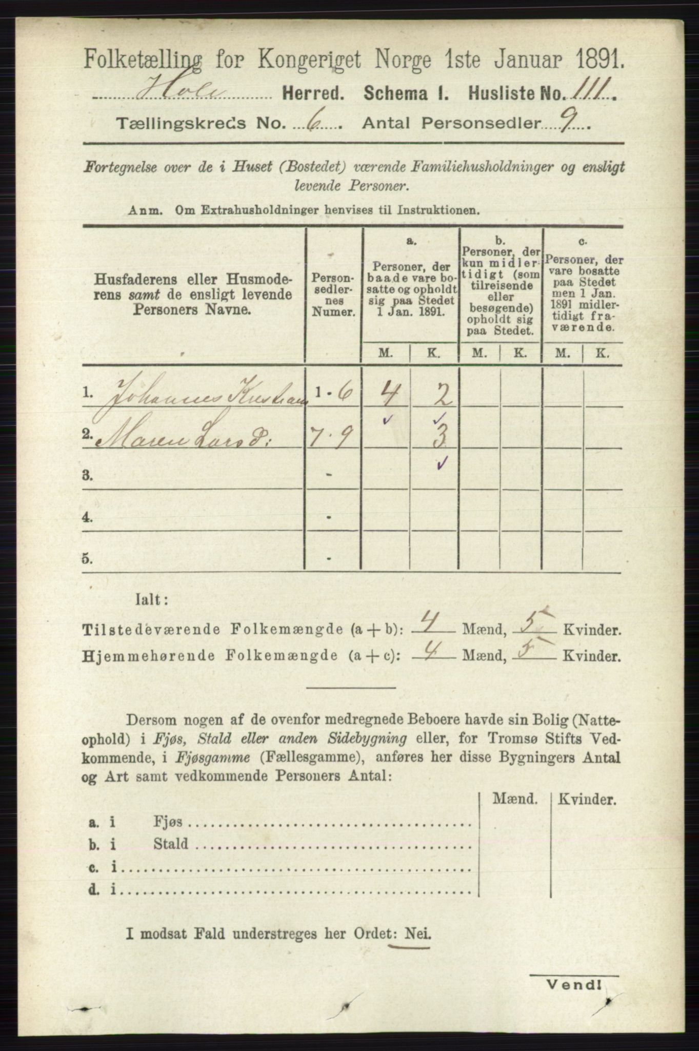 RA, Folketelling 1891 for 0612 Hole herred, 1891, s. 3087