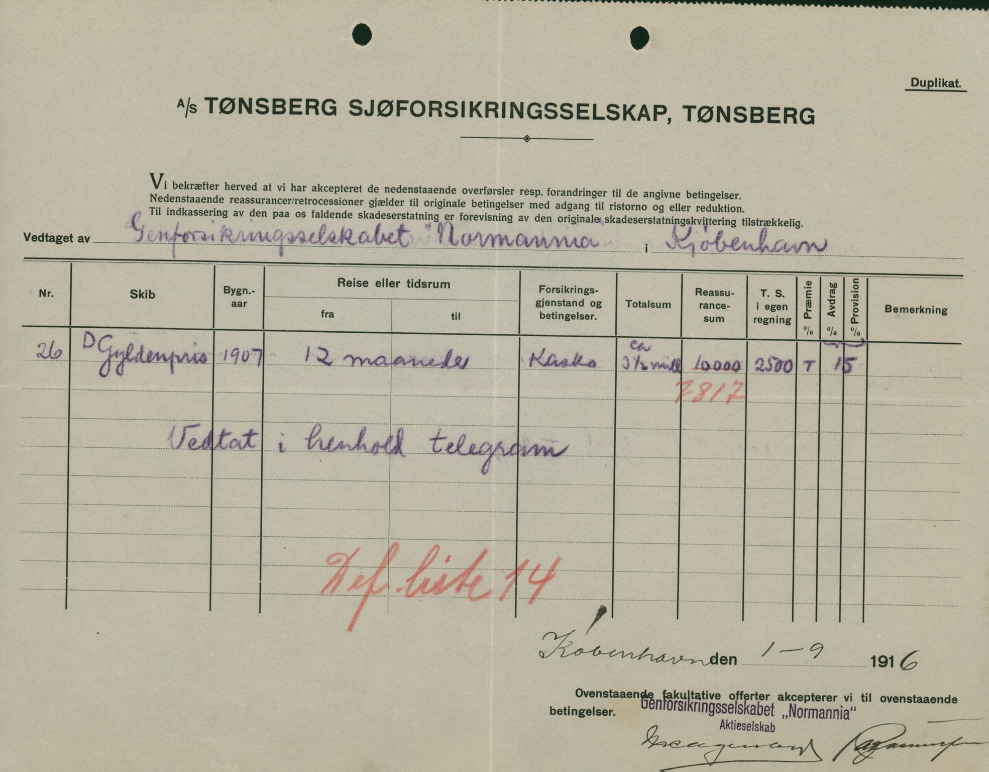 Pa 664 - Tønsberg Sjøforsikringsselskap, VEMU/A-1773/F/L0001: Forsikringspoliser, 1915-1918