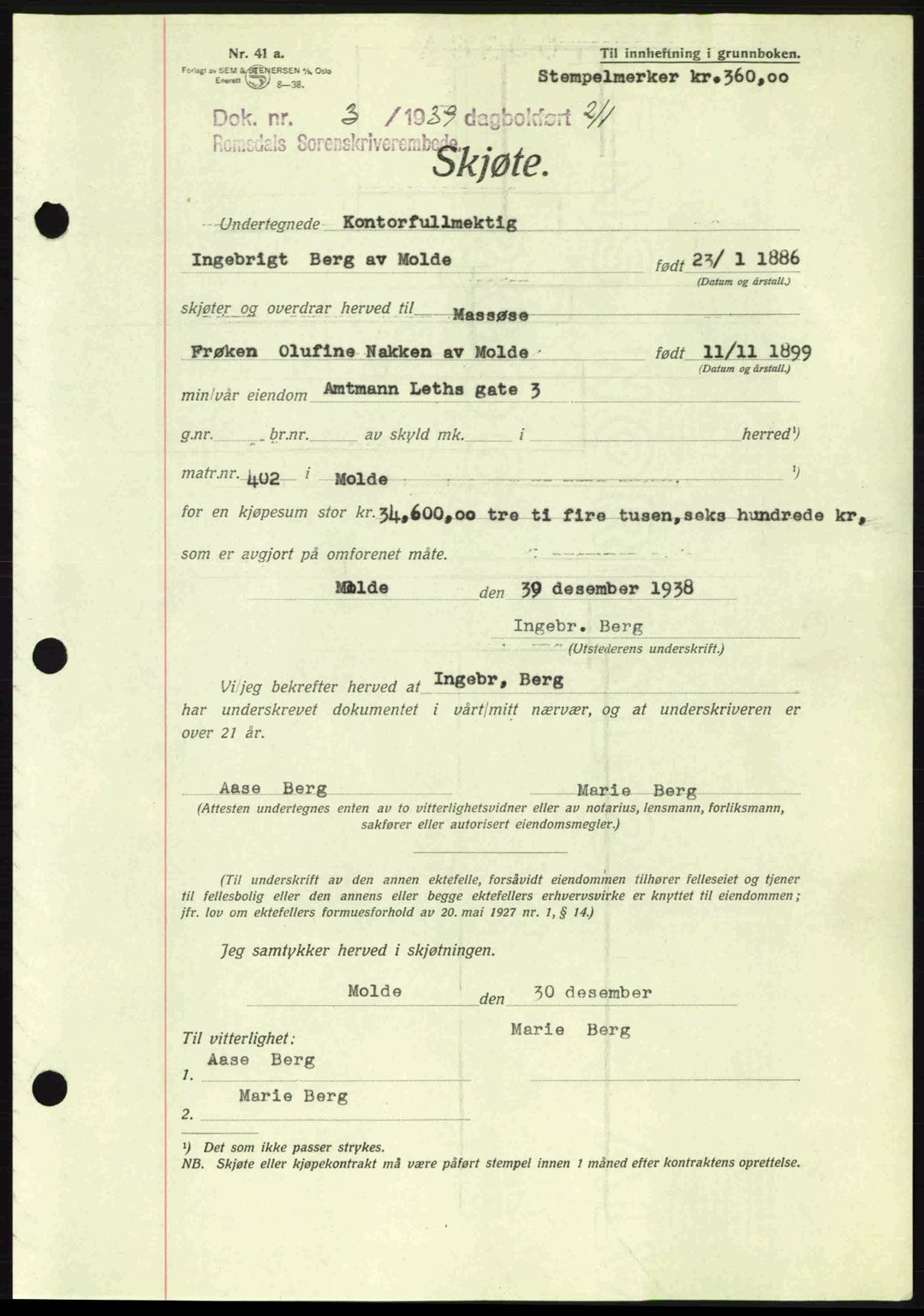 Romsdal sorenskriveri, AV/SAT-A-4149/1/2/2C: Pantebok nr. A6, 1938-1939, Dagboknr: 3/1939