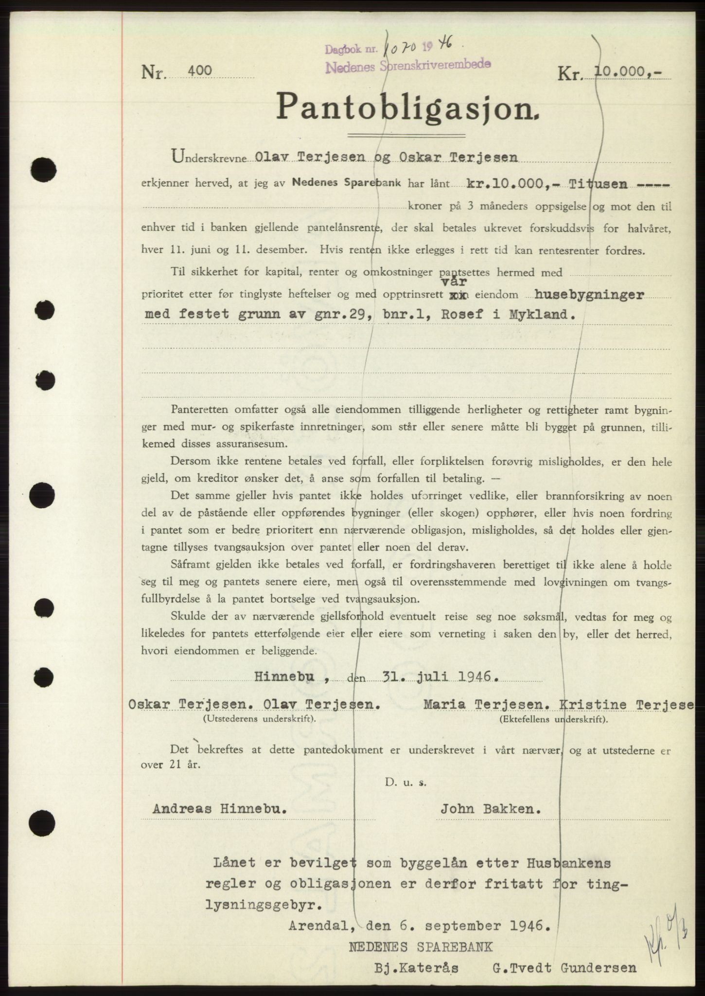 Nedenes sorenskriveri, SAK/1221-0006/G/Gb/Gbb/L0003: Pantebok nr. B3b, 1946-1946, Dagboknr: 1070/1946