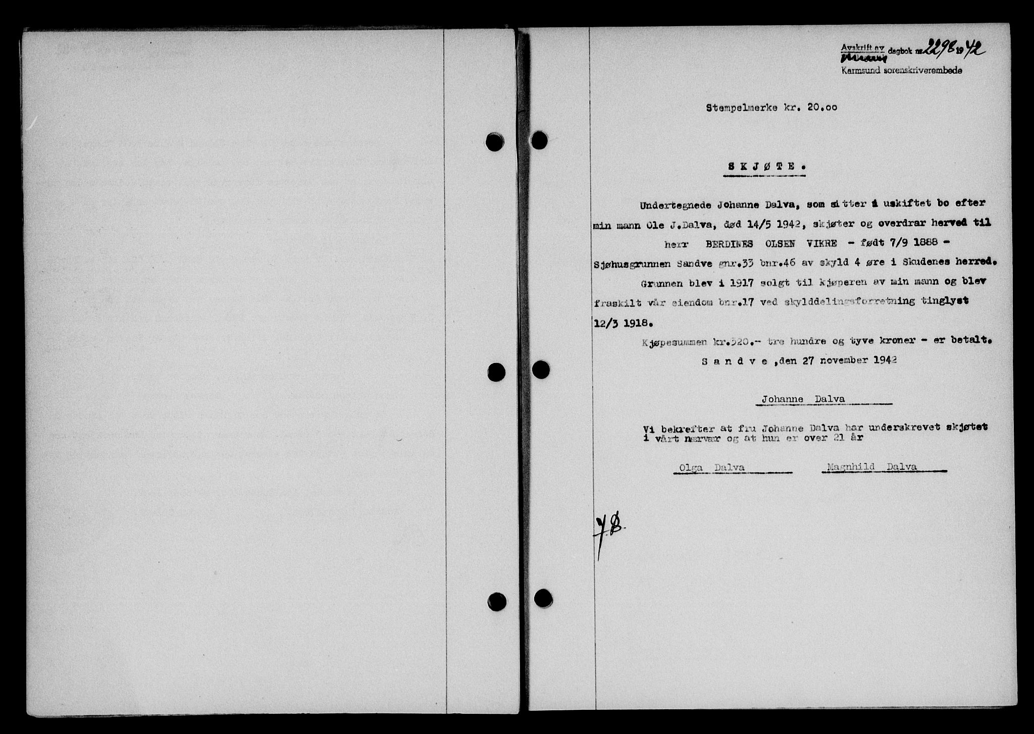 Karmsund sorenskriveri, SAST/A-100311/01/II/IIB/L0079: Pantebok nr. 60A, 1942-1943, Dagboknr: 2298/1942