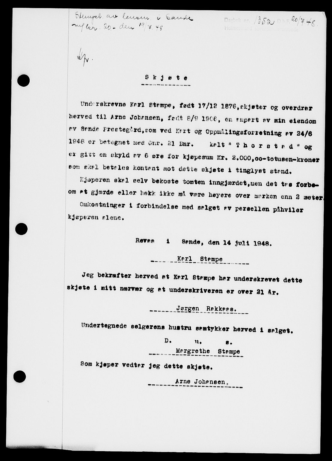 Holmestrand sorenskriveri, SAKO/A-67/G/Ga/Gaa/L0064: Pantebok nr. A-64, 1948-1948, Dagboknr: 1352/1948
