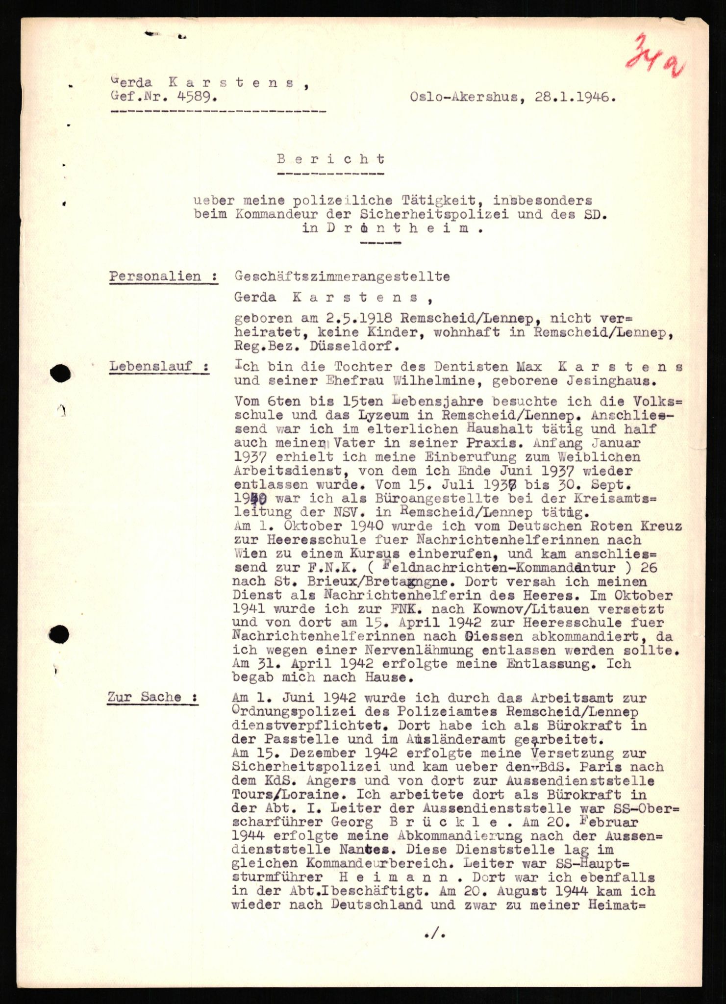 Forsvaret, Forsvarets overkommando II, AV/RA-RAFA-3915/D/Db/L0015: CI Questionaires. Tyske okkupasjonsstyrker i Norge. Tyskere., 1945-1946, s. 422