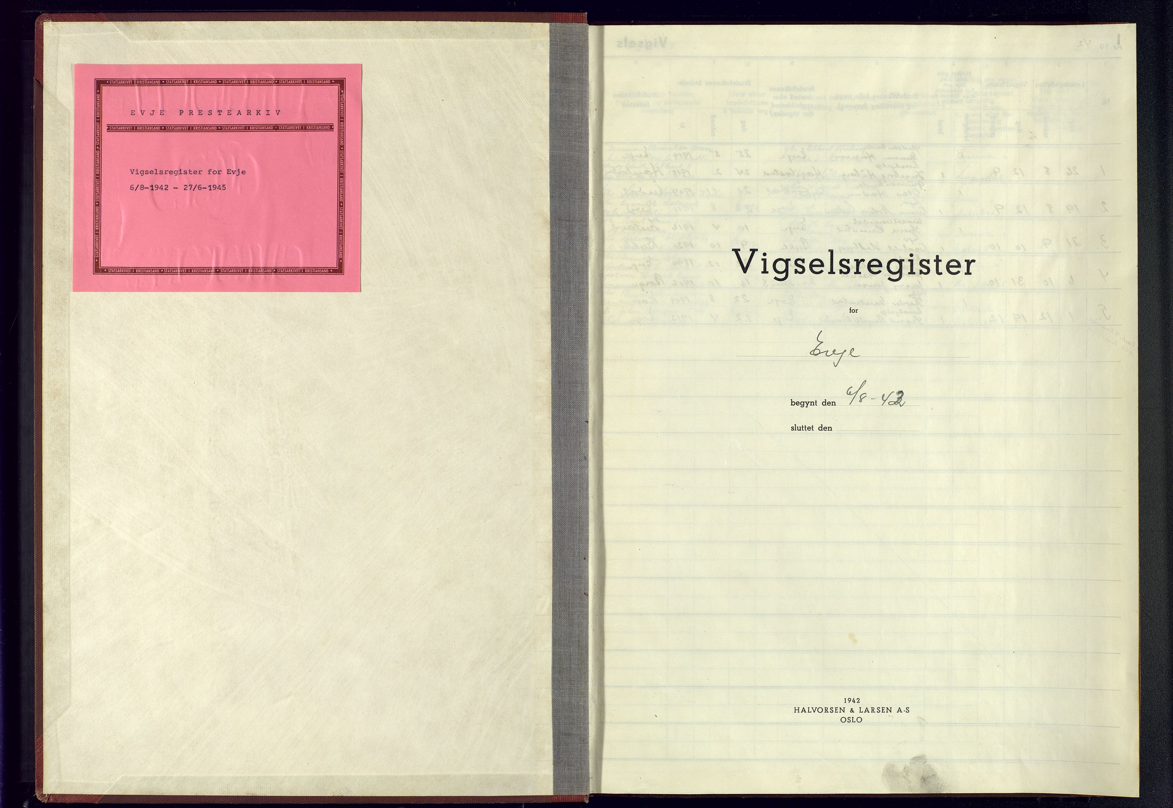 Evje sokneprestkontor, SAK/1111-0008/J/Je/L0004: Vigselsregister nr. II.6.4, 1942-1945