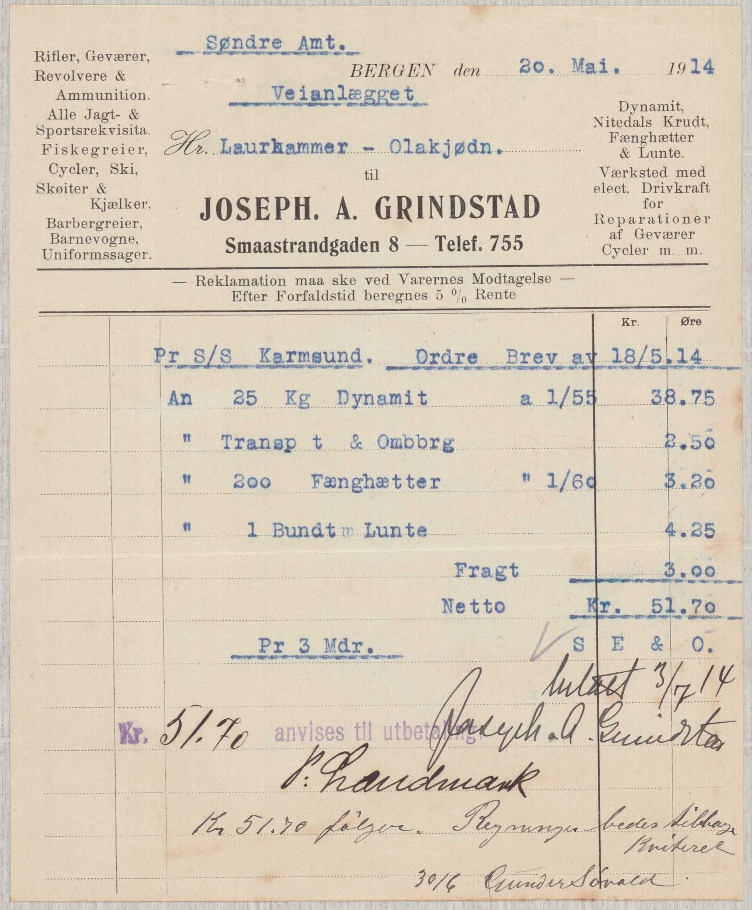 Finnaas kommune. Formannskapet, IKAH/1218a-021/E/Ea/L0001/0004: Rekneskap for veganlegg / Rekneskap for veganlegget Laurhammer - Olakjødn, 1913-1916, s. 28