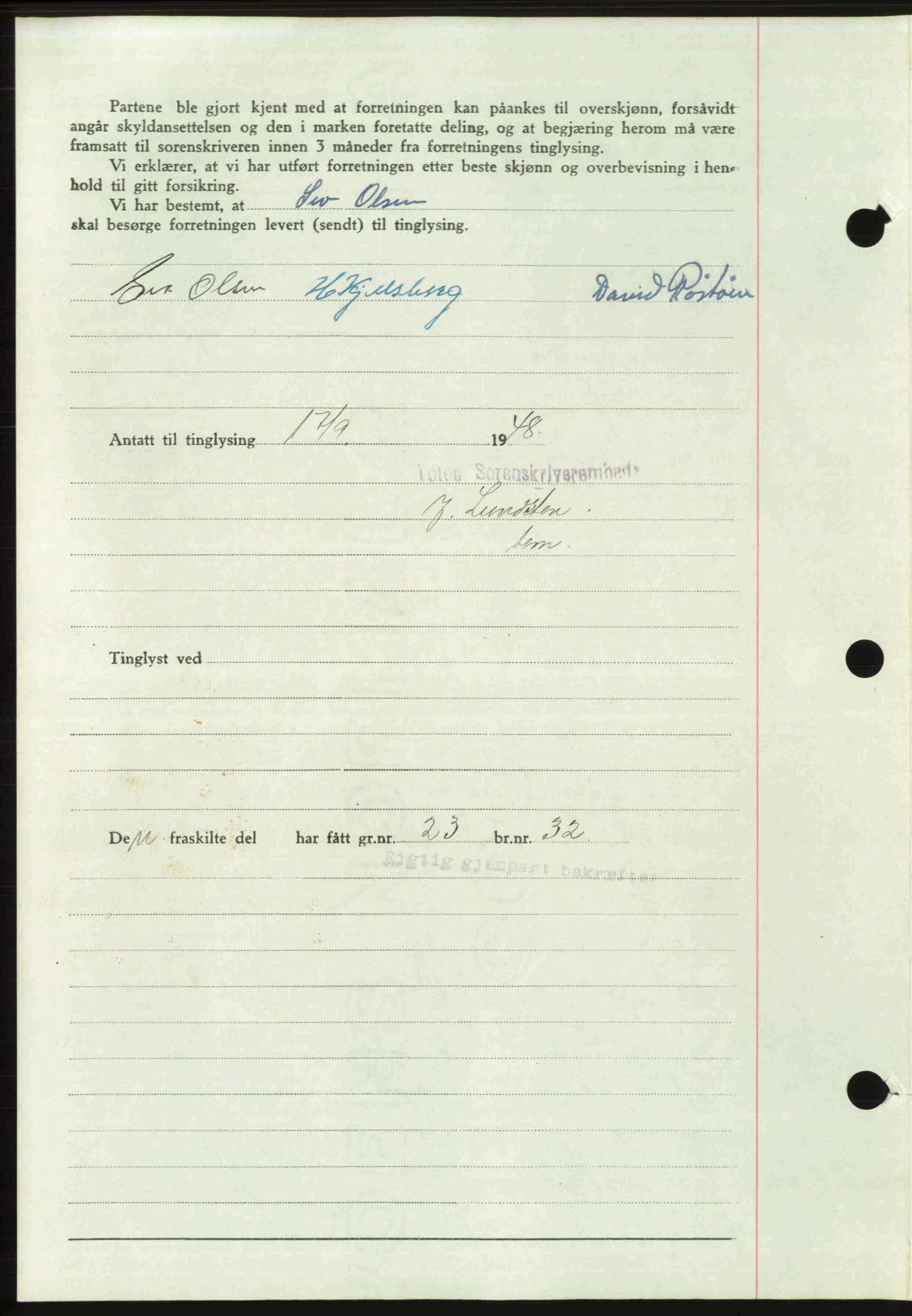 Toten tingrett, SAH/TING-006/H/Hb/Hbc/L0020: Pantebok nr. Hbc-20, 1948-1948, Dagboknr: 3009/1948