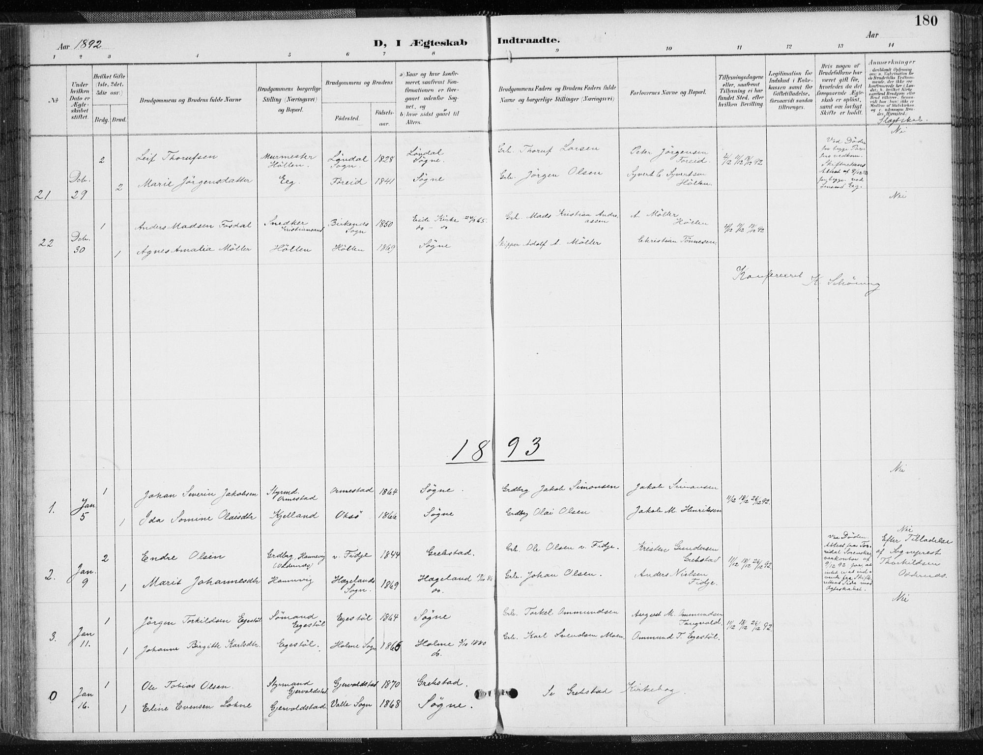 Søgne sokneprestkontor, SAK/1111-0037/F/Fa/Fab/L0013: Ministerialbok nr. A 13, 1892-1911, s. 180