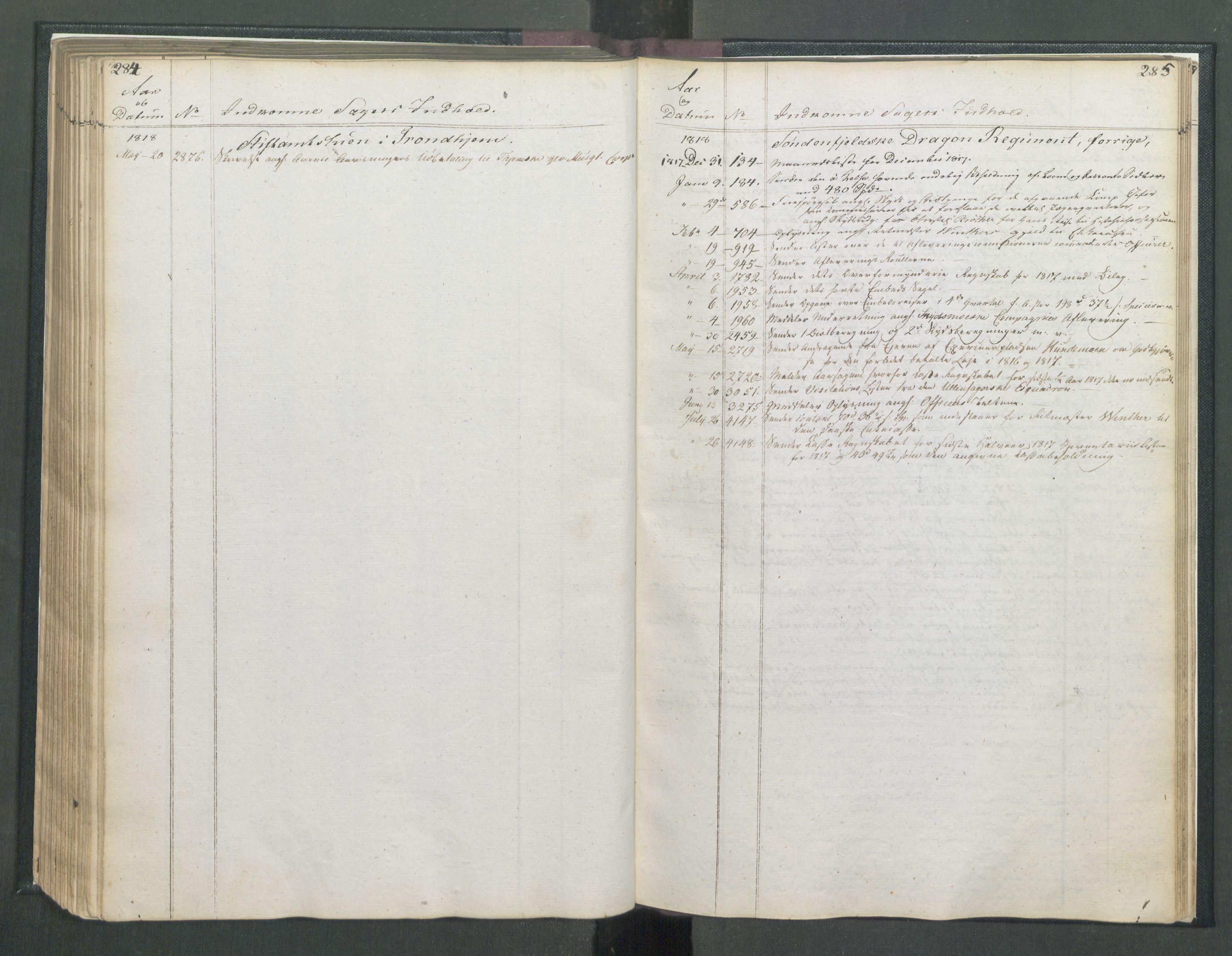 Armédepartementet, RA/RAFA-3493/C/Ca/L0017: 6. Departements Register Indg., 1818, s. 284-285