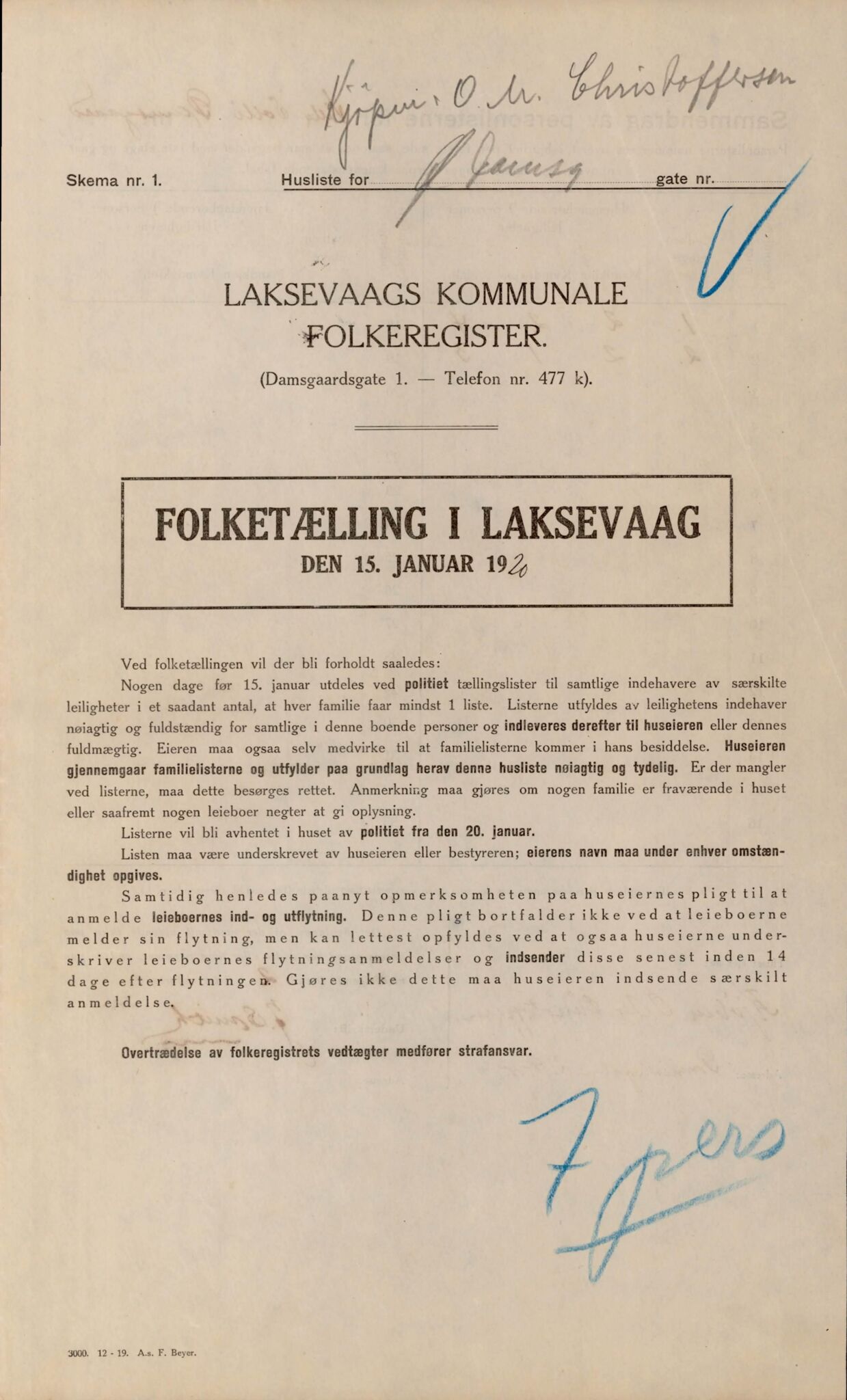 Laksevåg kommune. Folkeregisteret, BBA/A-1586/E/Ea/L0001: Folketellingskjema 1920, 1920, s. 1275