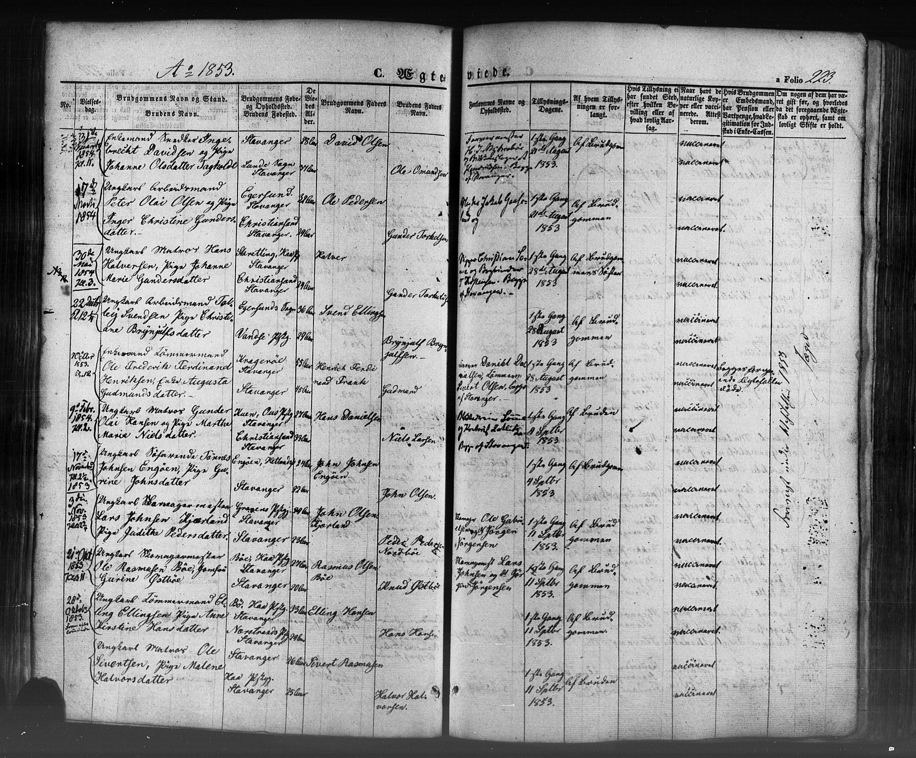 Domkirken sokneprestkontor, AV/SAST-A-101812/001/30/30BB/L0009: Klokkerbok nr. B 9, 1850-1858, s. 223