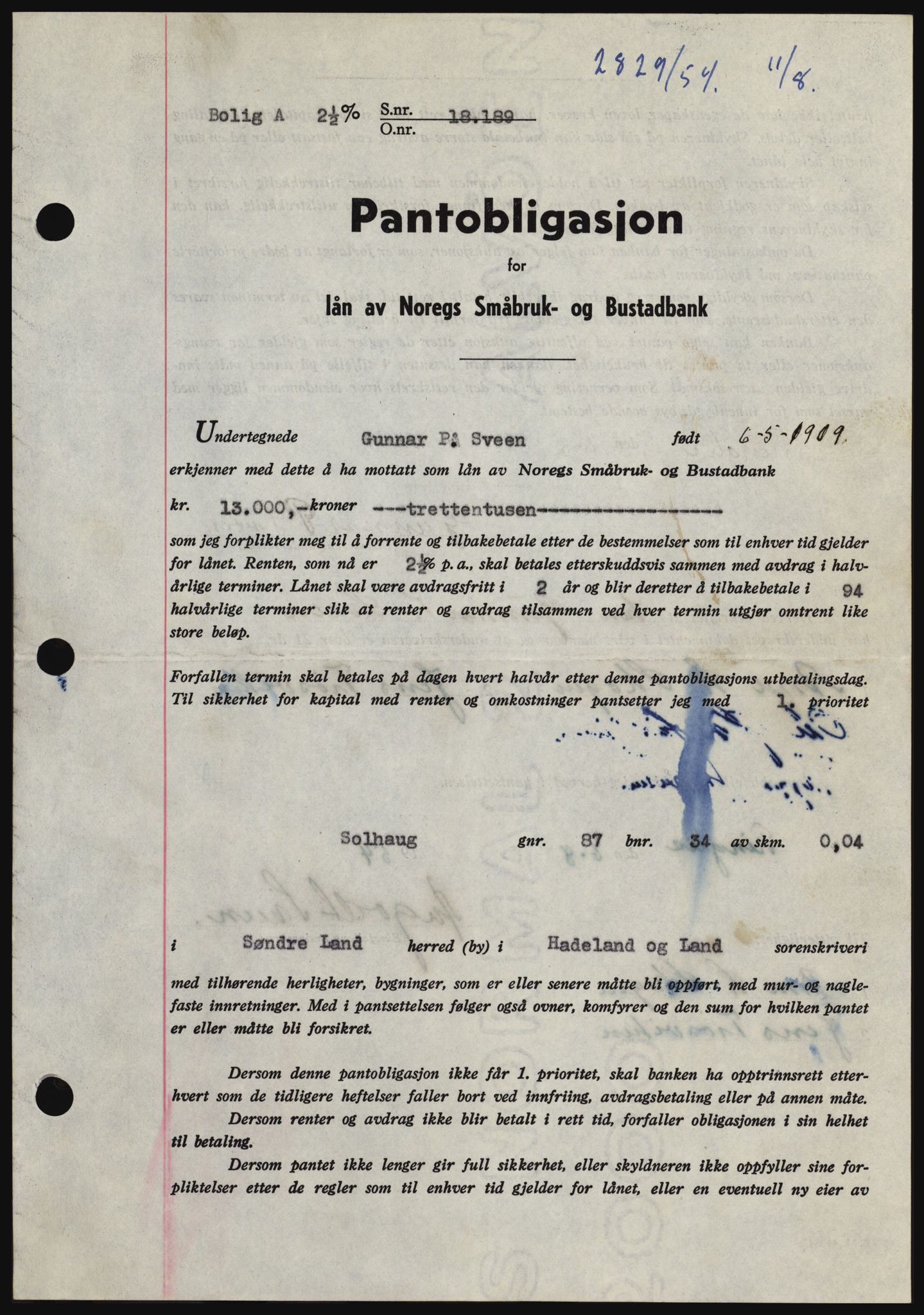 Hadeland og Land tingrett, SAH/TING-010/H/Hb/Hbc/L0030: Pantebok nr. B30, 1954-1954, Dagboknr: 2829/1954