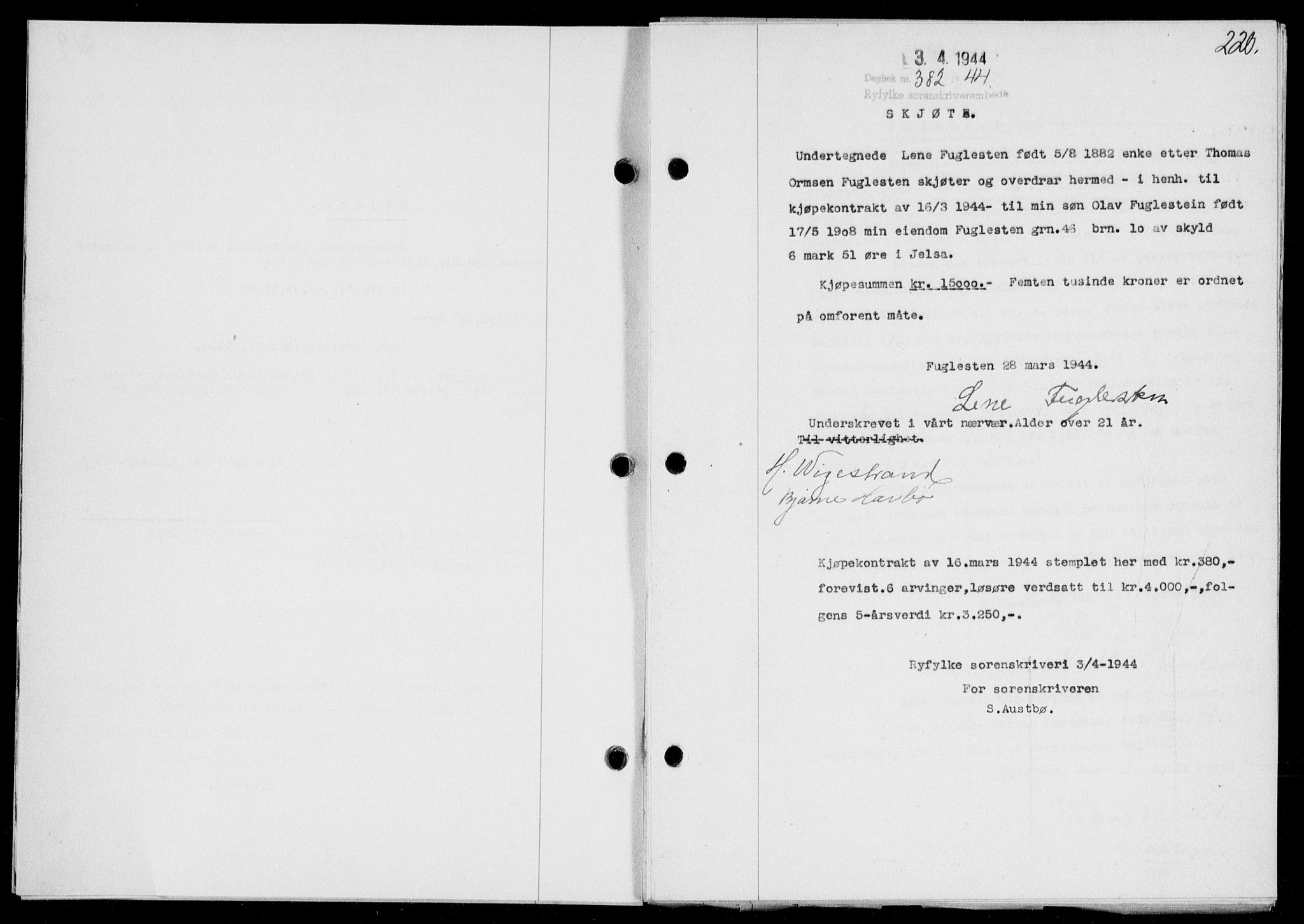 Ryfylke tingrett, SAST/A-100055/001/II/IIB/L0091: Pantebok nr. 70, 1943-1944, Dagboknr: 382/1944
