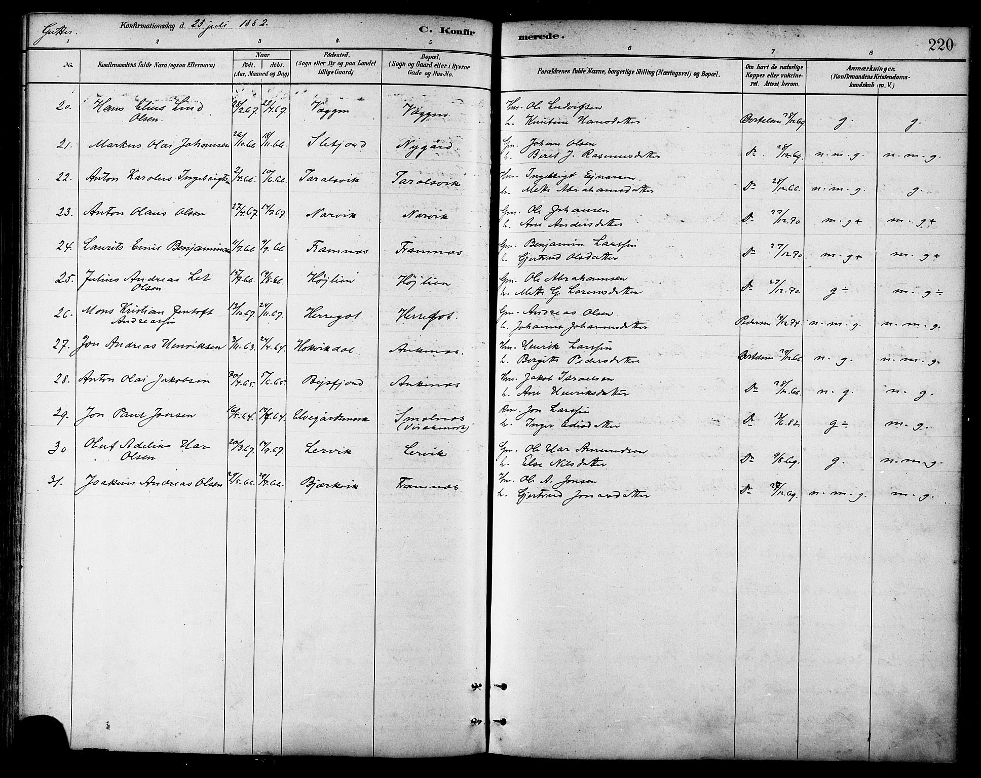 Ministerialprotokoller, klokkerbøker og fødselsregistre - Nordland, AV/SAT-A-1459/866/L0938: Ministerialbok nr. 866A01, 1879-1893, s. 220