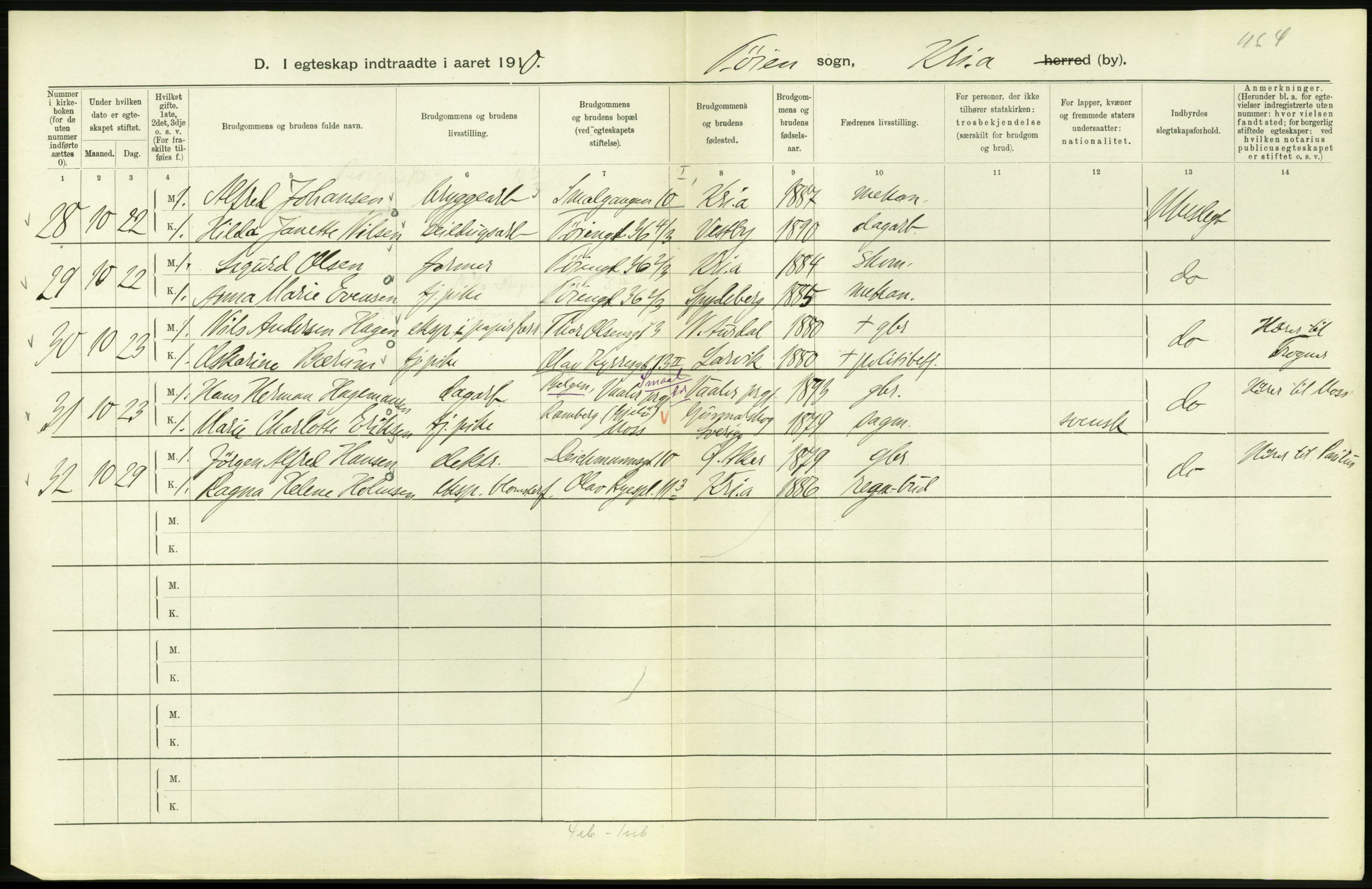 Statistisk sentralbyrå, Sosiodemografiske emner, Befolkning, AV/RA-S-2228/D/Df/Dfa/Dfah/L0009: Kristiania: Gifte og dødfødte., 1910, s. 342