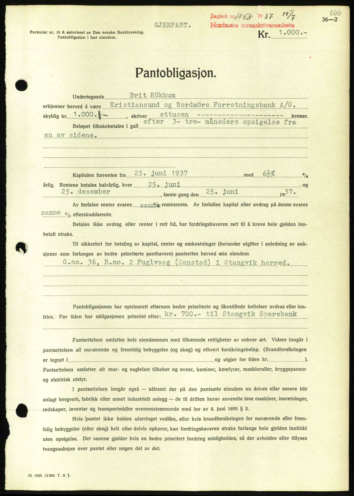 Nordmøre sorenskriveri, AV/SAT-A-4132/1/2/2Ca/L0091: Pantebok nr. B81, 1937-1937, Dagboknr: 1858/1937