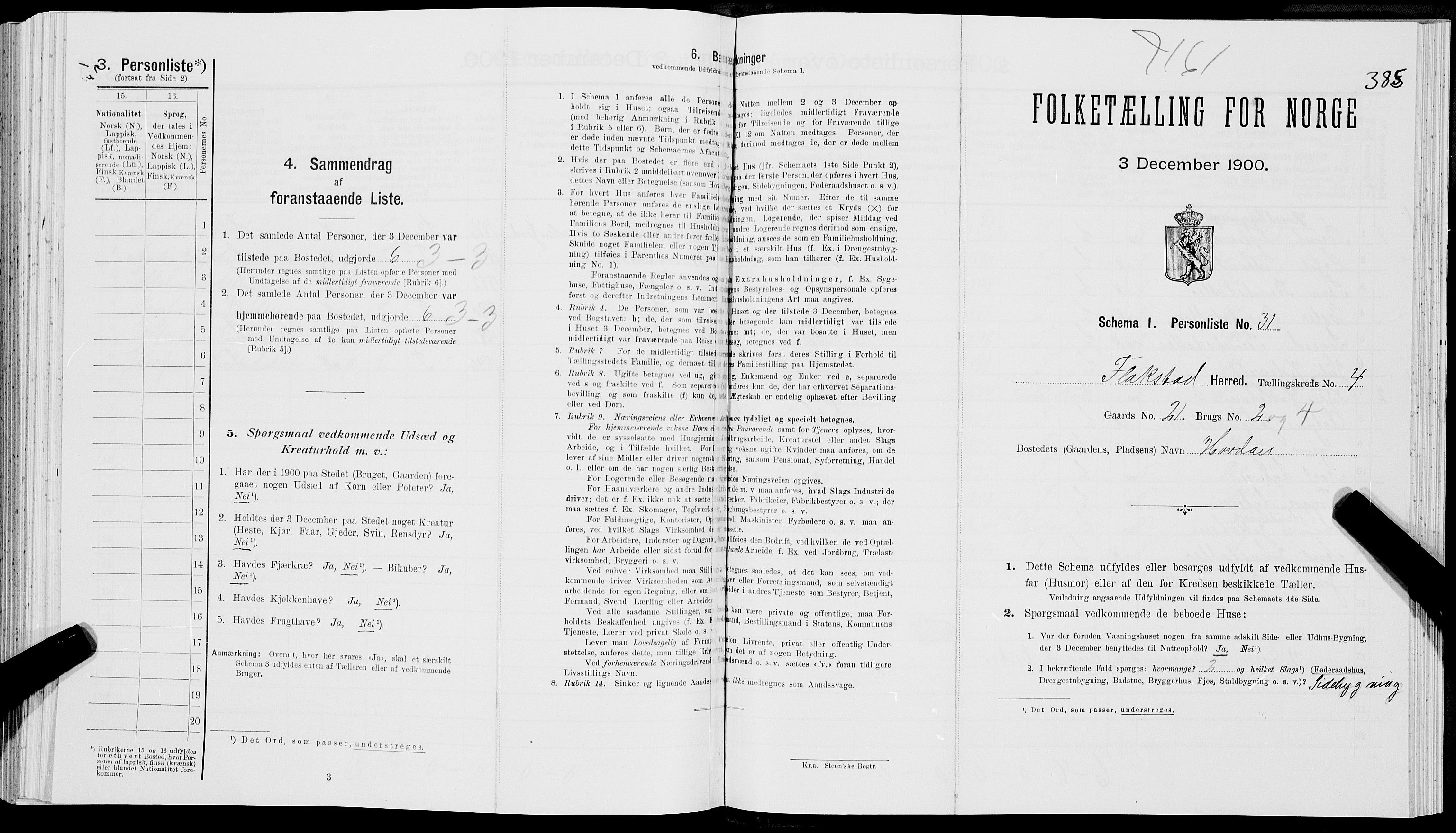 SAT, Folketelling 1900 for 1859 Flakstad herred, 1900, s. 405