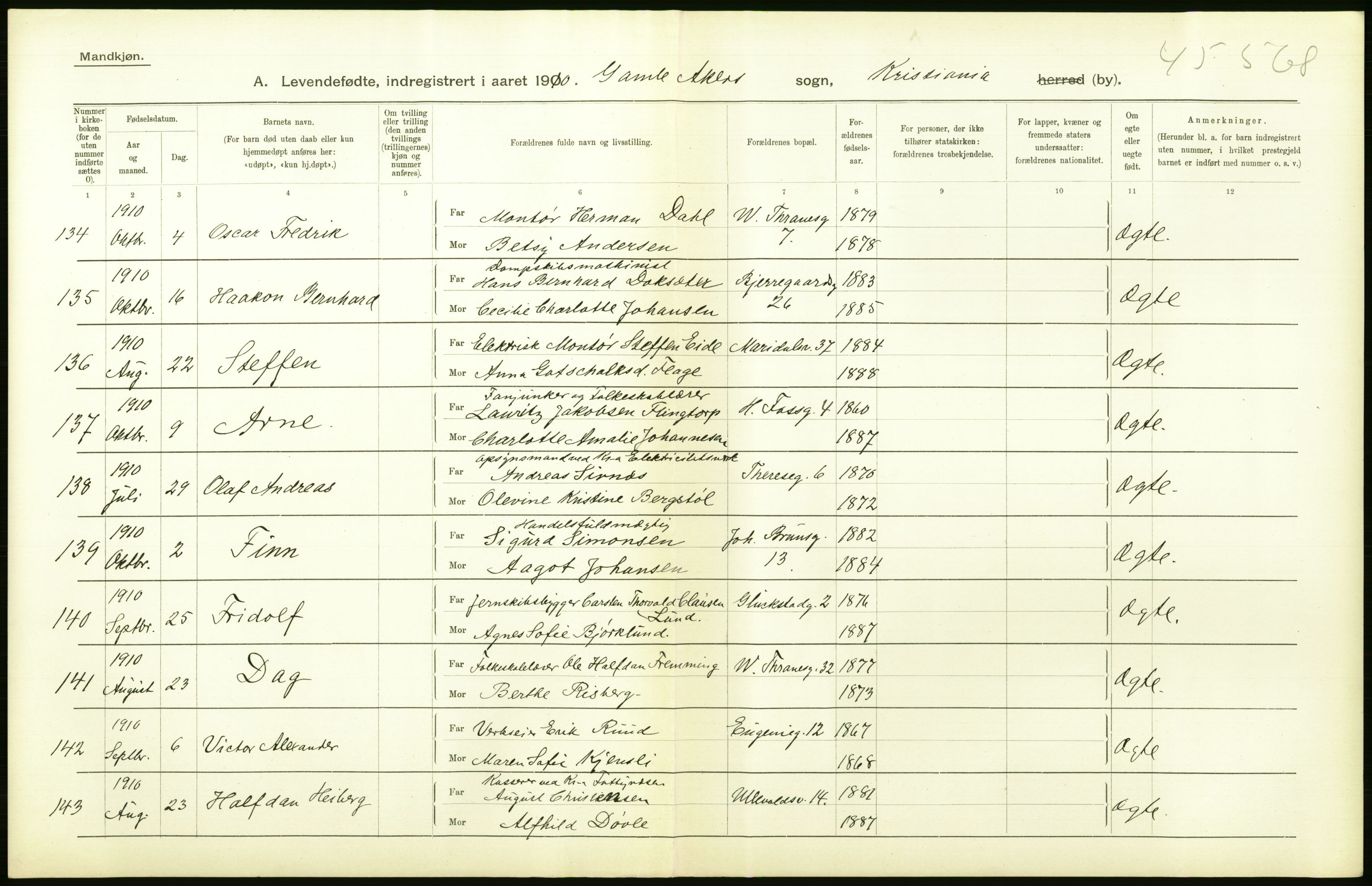 Statistisk sentralbyrå, Sosiodemografiske emner, Befolkning, RA/S-2228/D/Df/Dfa/Dfah/L0006: Kristiania: Levendefødte menn., 1910, s. 614