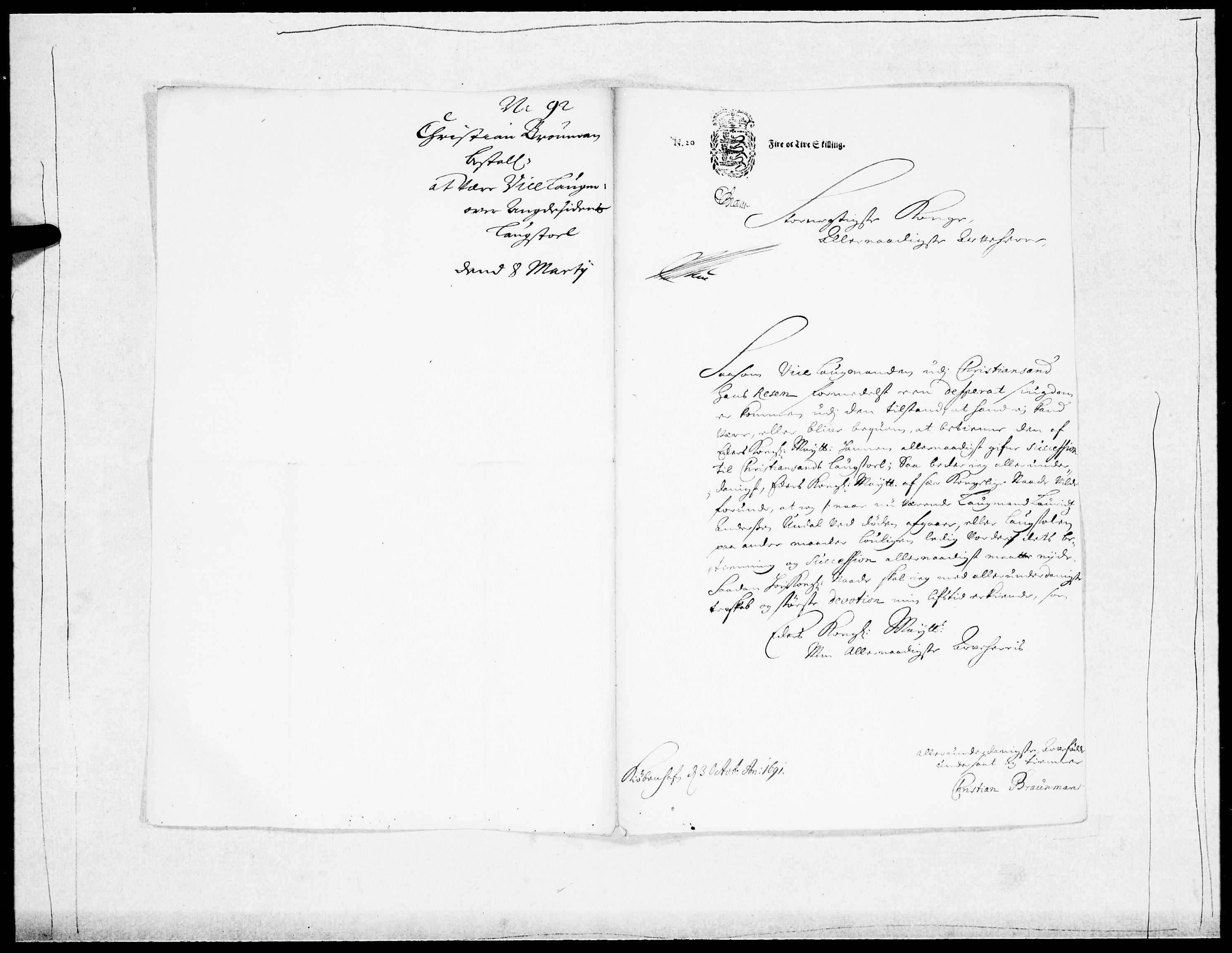 Danske Kanselli 1572-1799, AV/RA-EA-3023/F/Fc/Fcc/Fcca/L0045: Norske innlegg 1572-1799, 1691-1693, s. 98