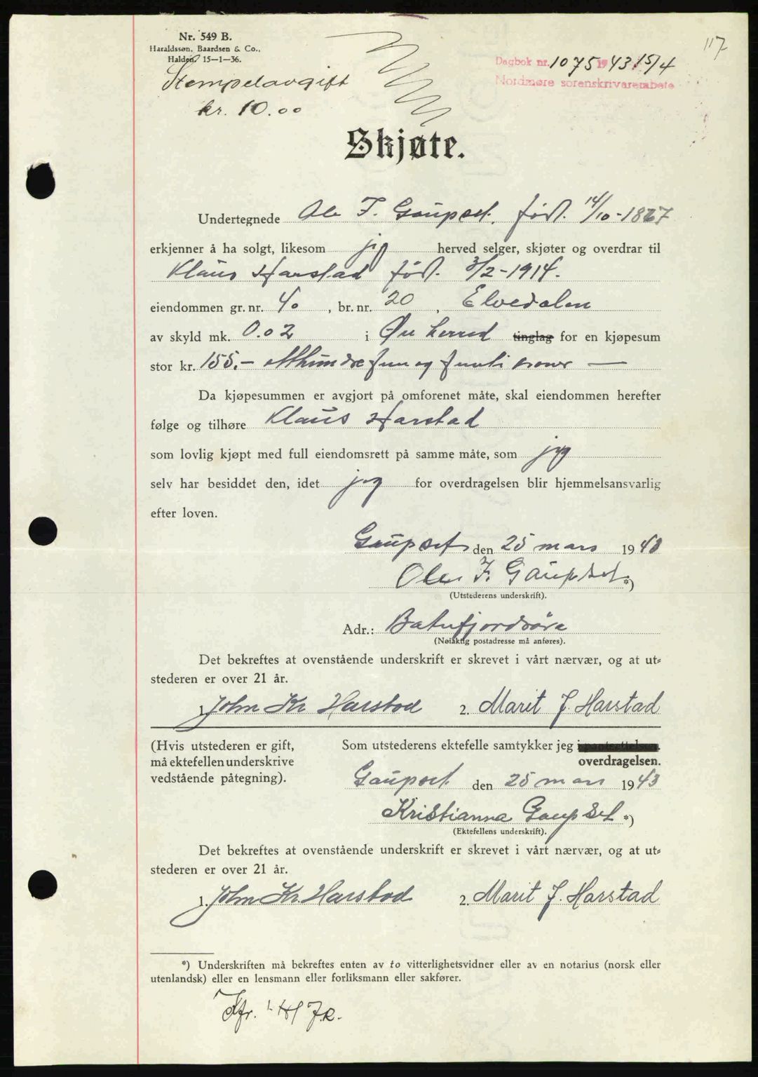 Nordmøre sorenskriveri, AV/SAT-A-4132/1/2/2Ca: Pantebok nr. A95, 1943-1943, Dagboknr: 1075/1943