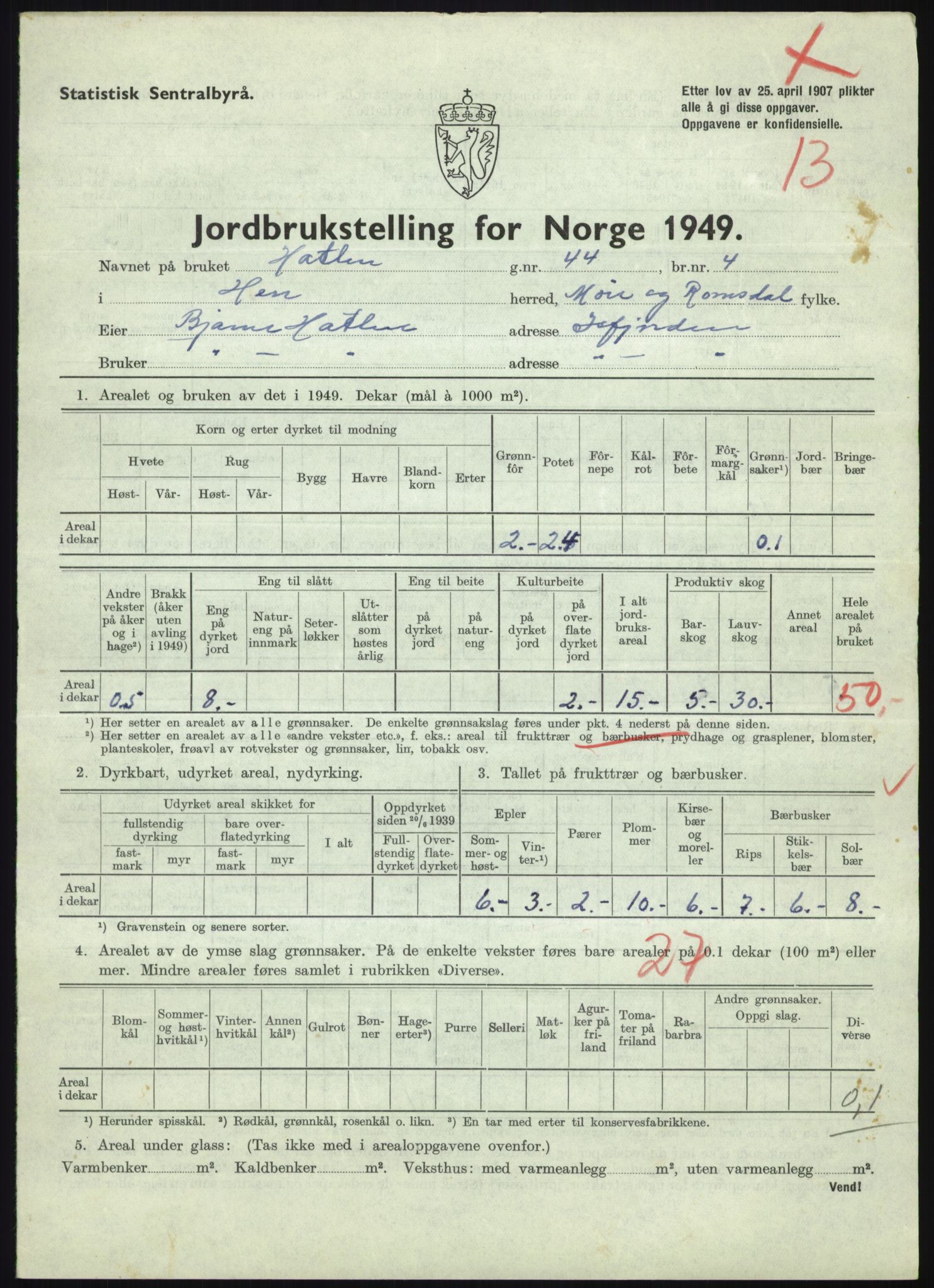 Statistisk sentralbyrå, Næringsøkonomiske emner, Jordbruk, skogbruk, jakt, fiske og fangst, AV/RA-S-2234/G/Gc/L0323: Møre og Romsdal: Grytten og Hen, 1949, s. 609