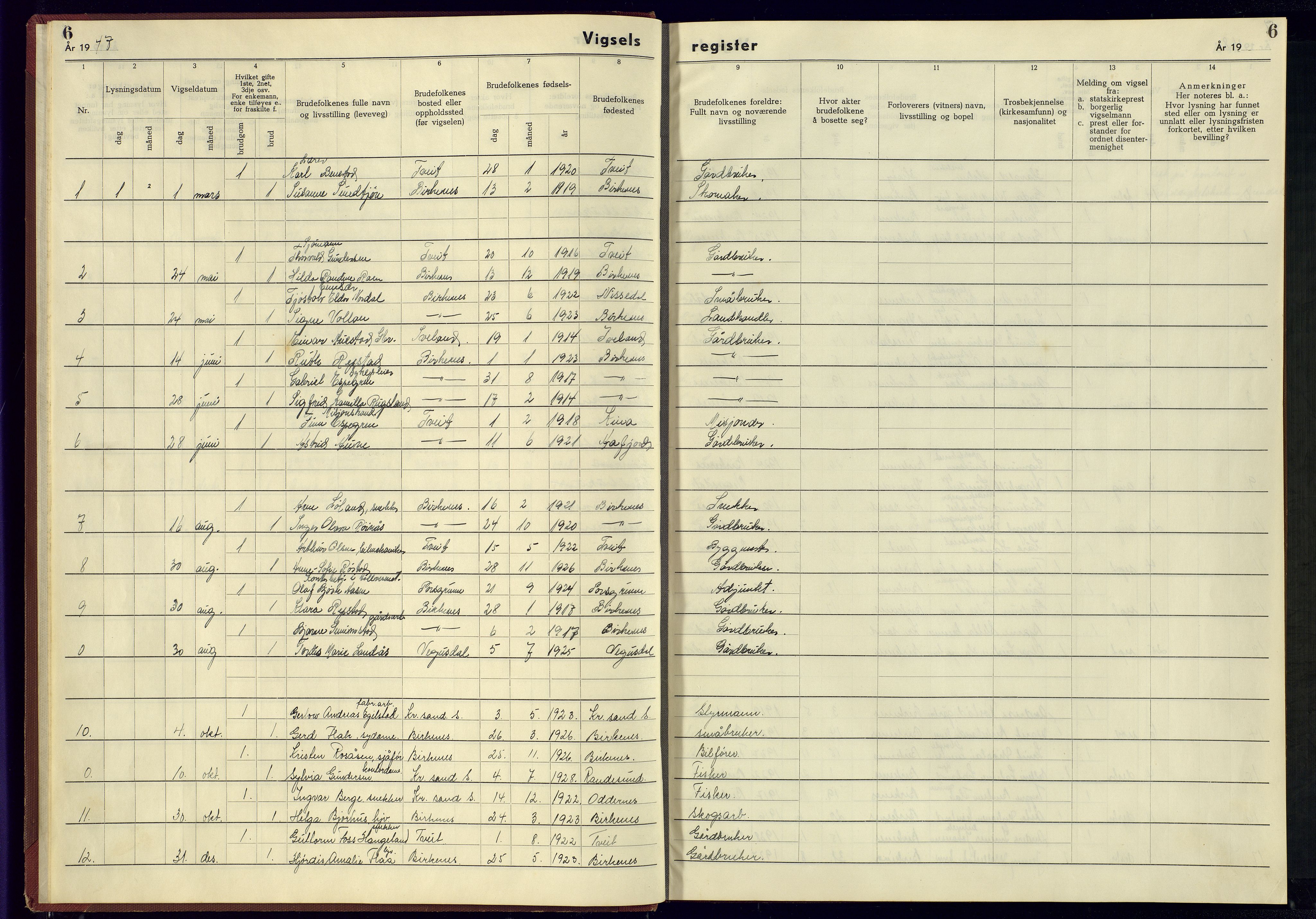 Birkenes sokneprestkontor, AV/SAK-1111-0004/J/Jb/L0002: Vigselsregister nr. II.6.2, 1943-1951, s. 6