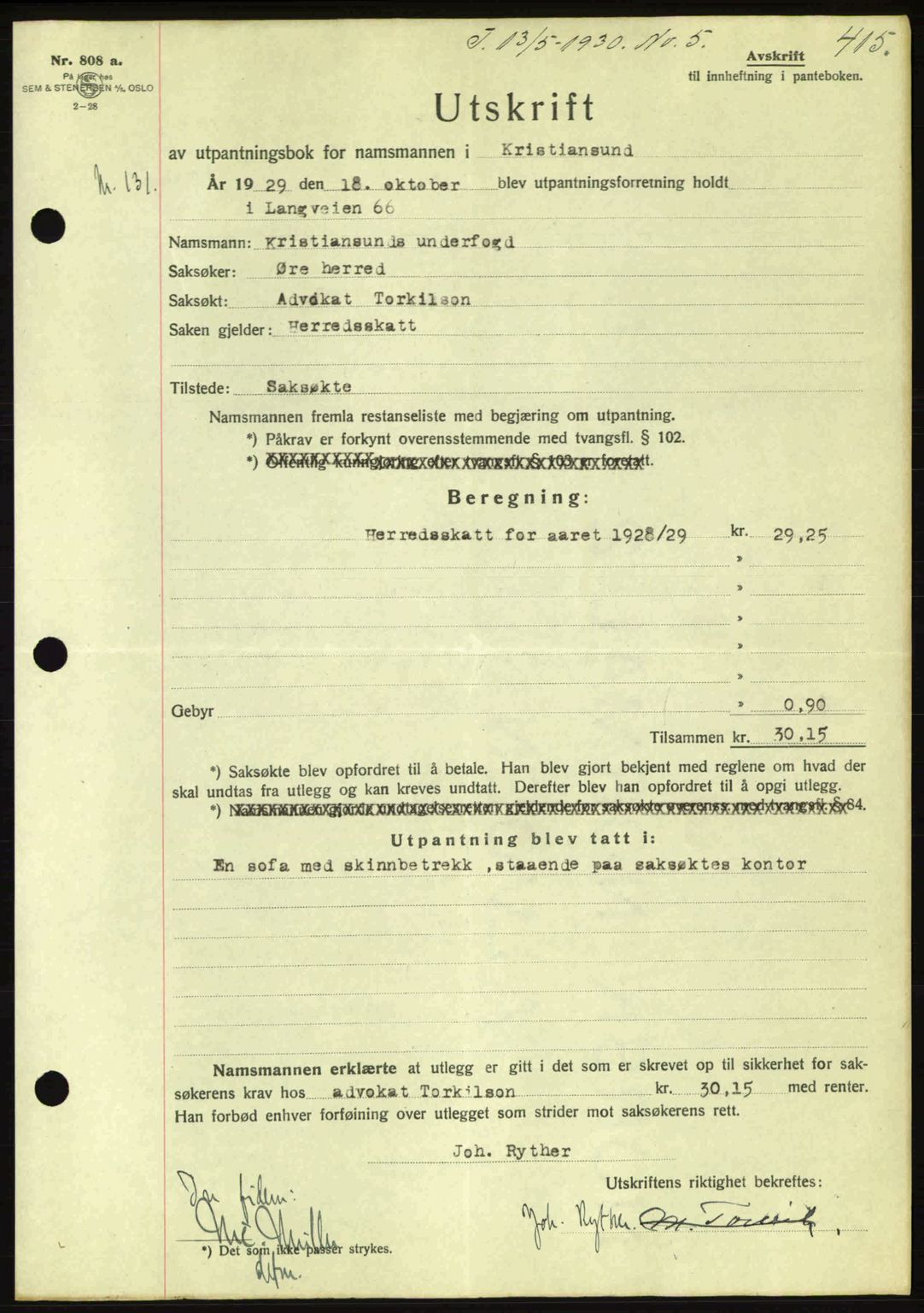 Kristiansund byfogd, AV/SAT-A-4587/A/27: Pantebok nr. 23, 1929-1930, Tingl.dato: 13.05.1930
